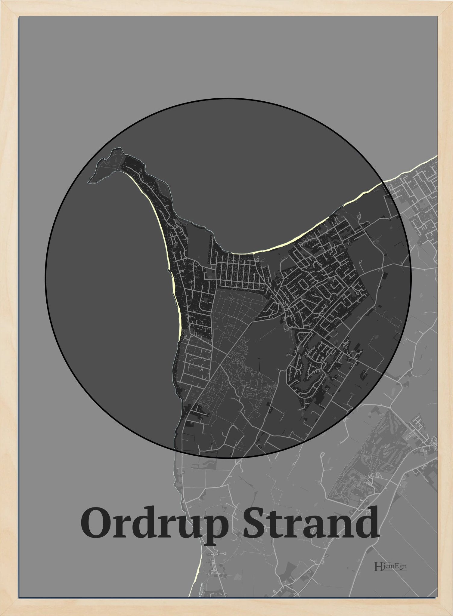 Ordrup Strand plakat i farve mørk grå og HjemEgn.dk design centrum. Design bykort for Ordrup Strand