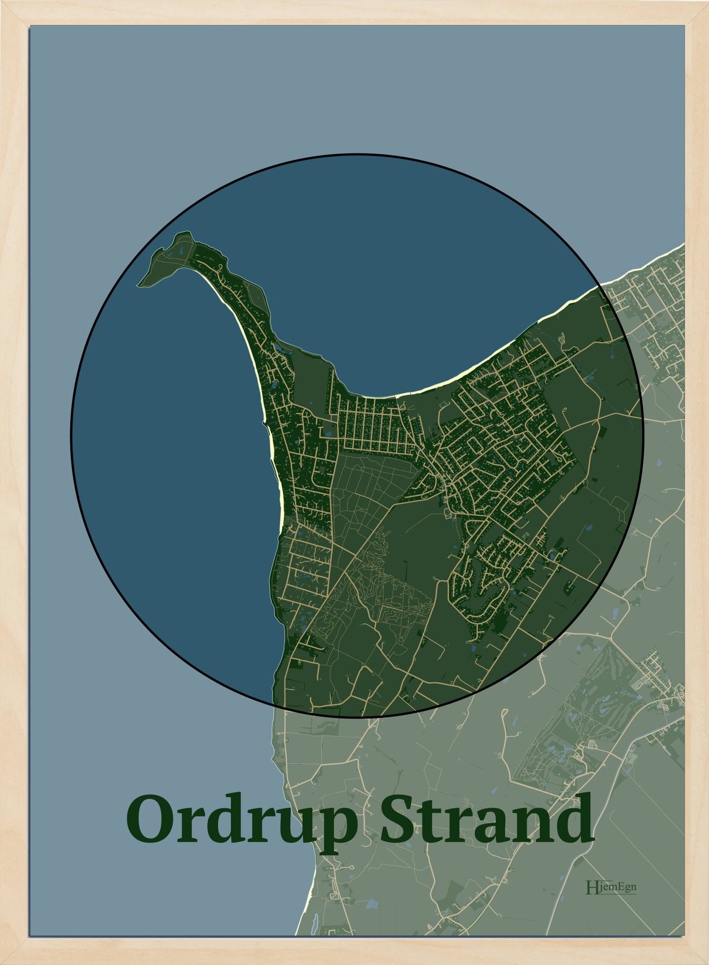 Ordrup Strand plakat i farve mørk grøn og HjemEgn.dk design centrum. Design bykort for Ordrup Strand