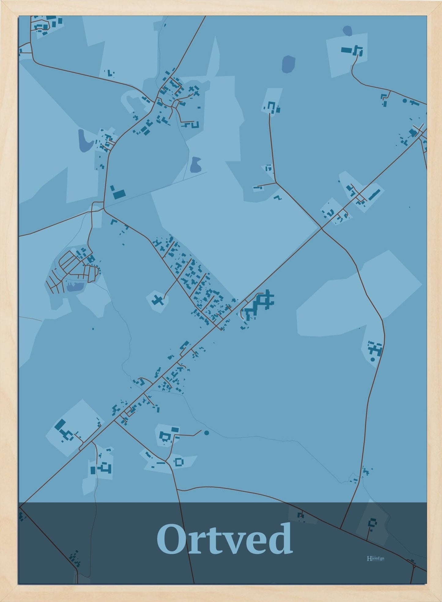 Ortved plakat i farve pastel blå og HjemEgn.dk design firkantet. Design bykort for Ortved