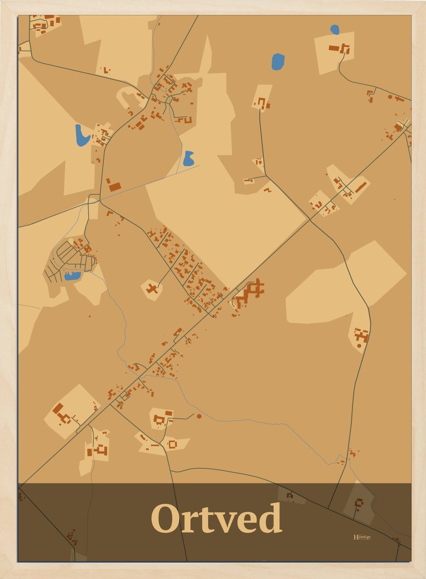 Ortved plakat i farve pastel brun og HjemEgn.dk design firkantet. Design bykort for Ortved