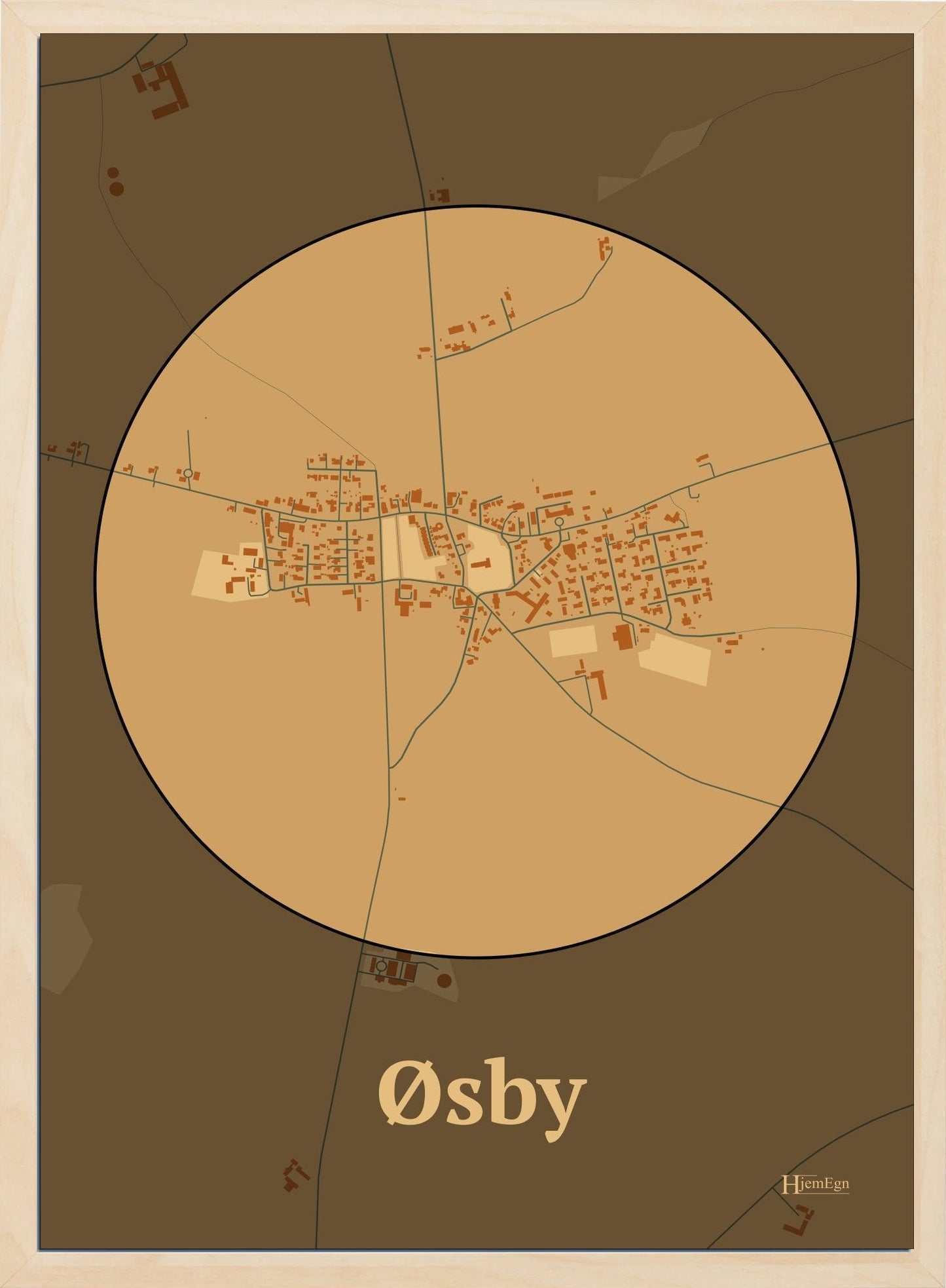 Øsby plakat i farve pastel brun og HjemEgn.dk design centrum. Design bykort for Øsby