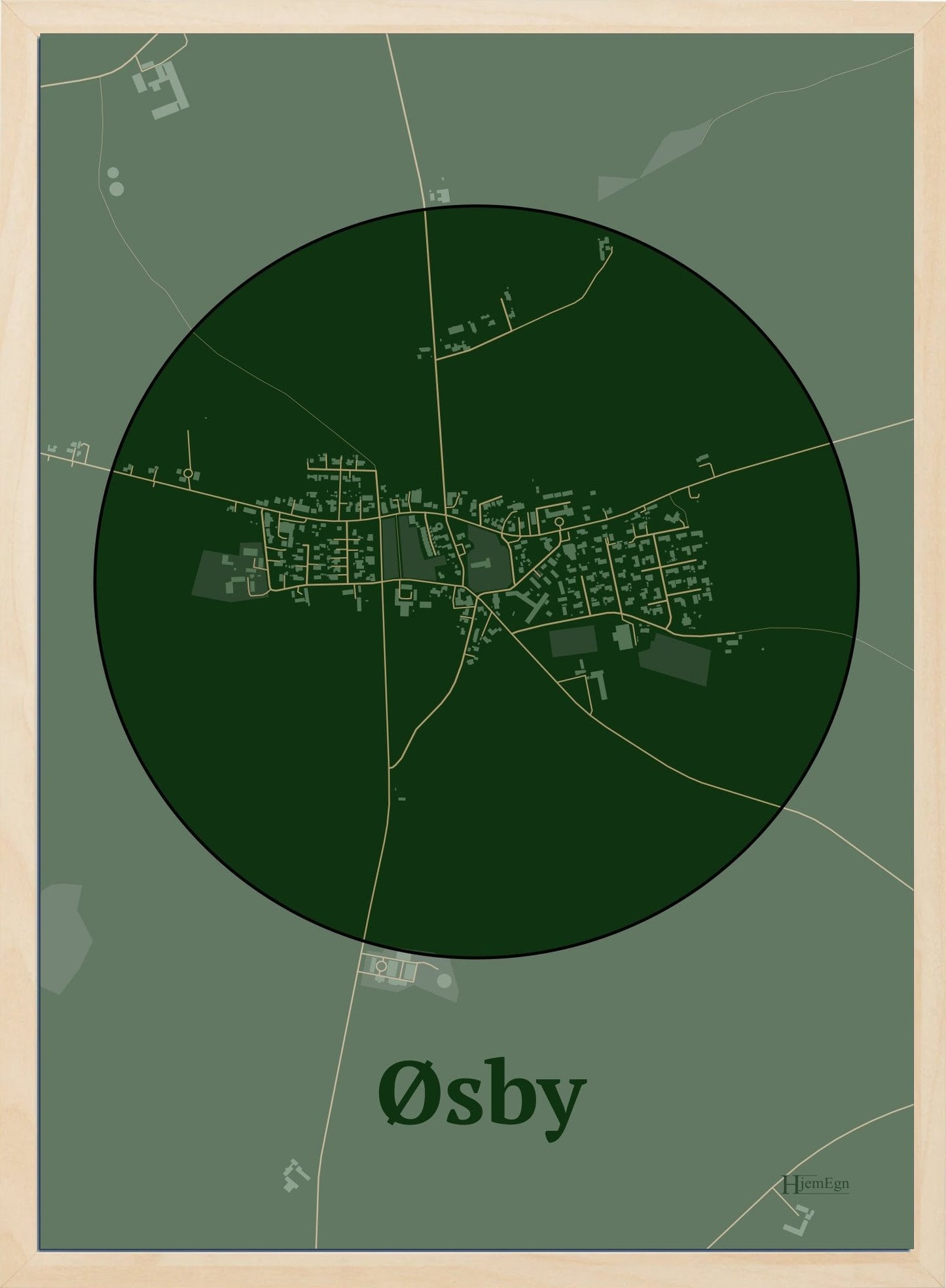 Øsby plakat i farve mørk grøn og HjemEgn.dk design centrum. Design bykort for Øsby