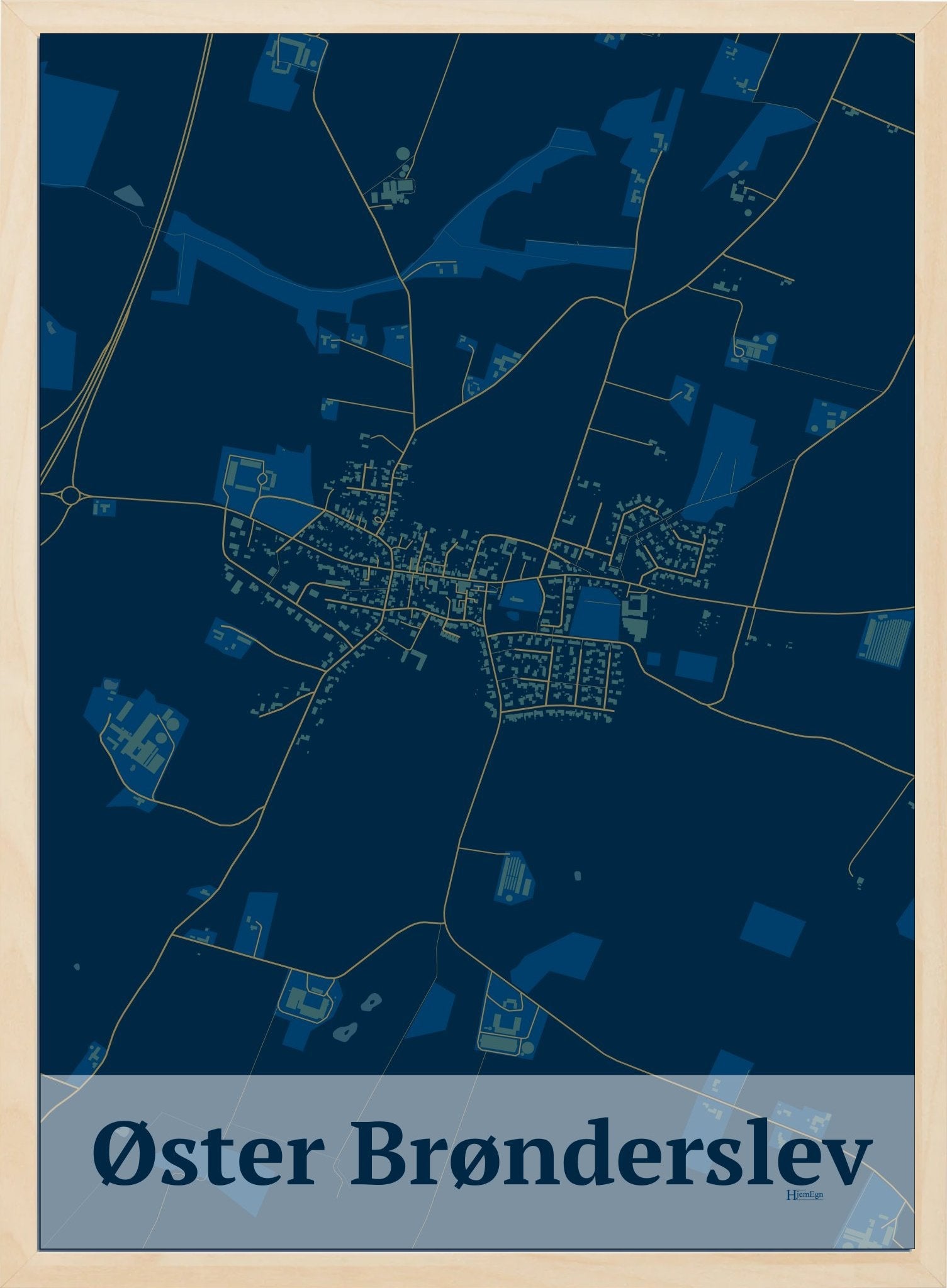 Øster Brønderslev plakat i farve mørk blå og HjemEgn.dk design firkantet. Design bykort for Øster Brønderslev
