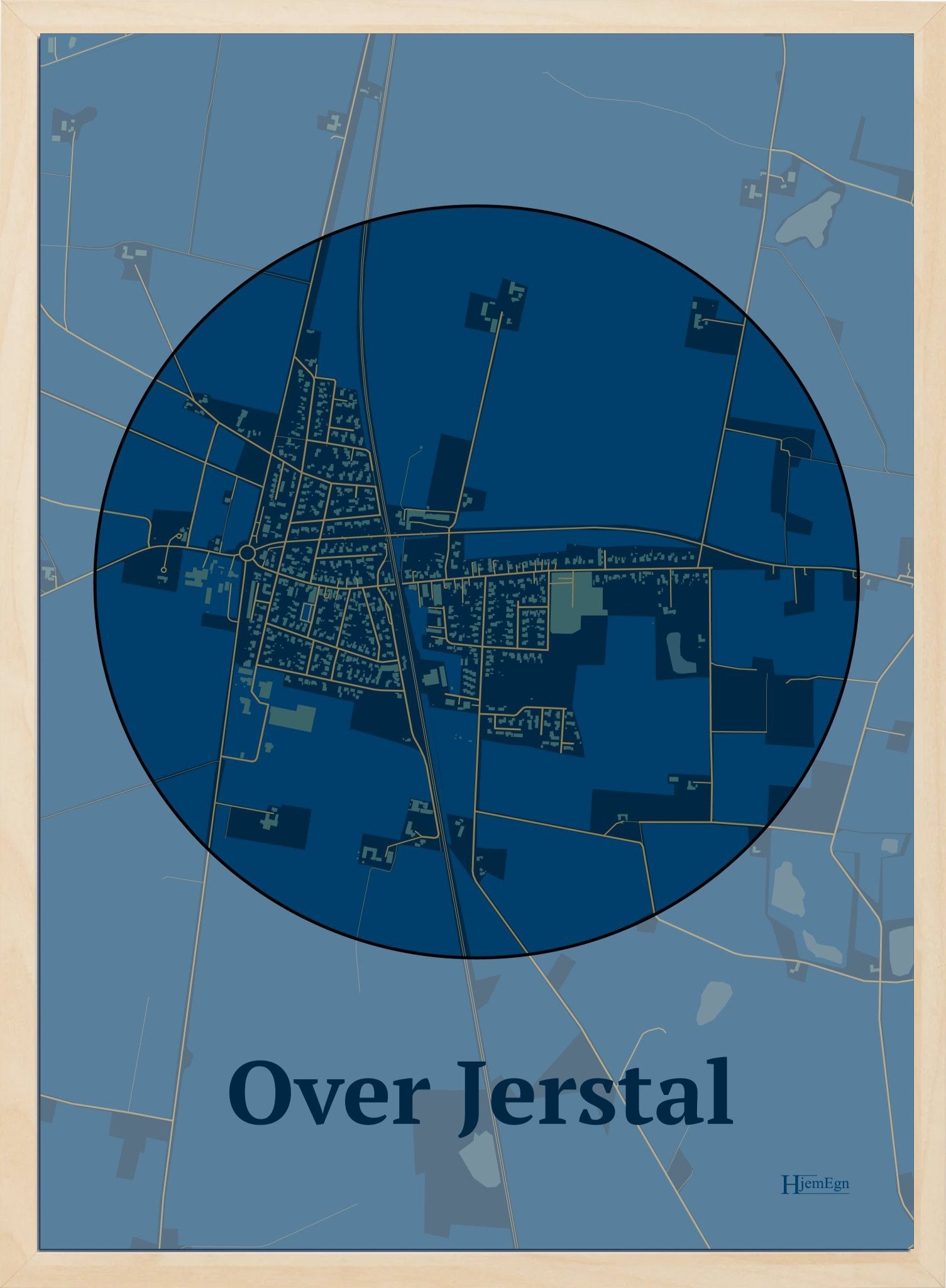Over Jerstal plakat i farve mørk blå og HjemEgn.dk design centrum. Design bykort for Over Jerstal