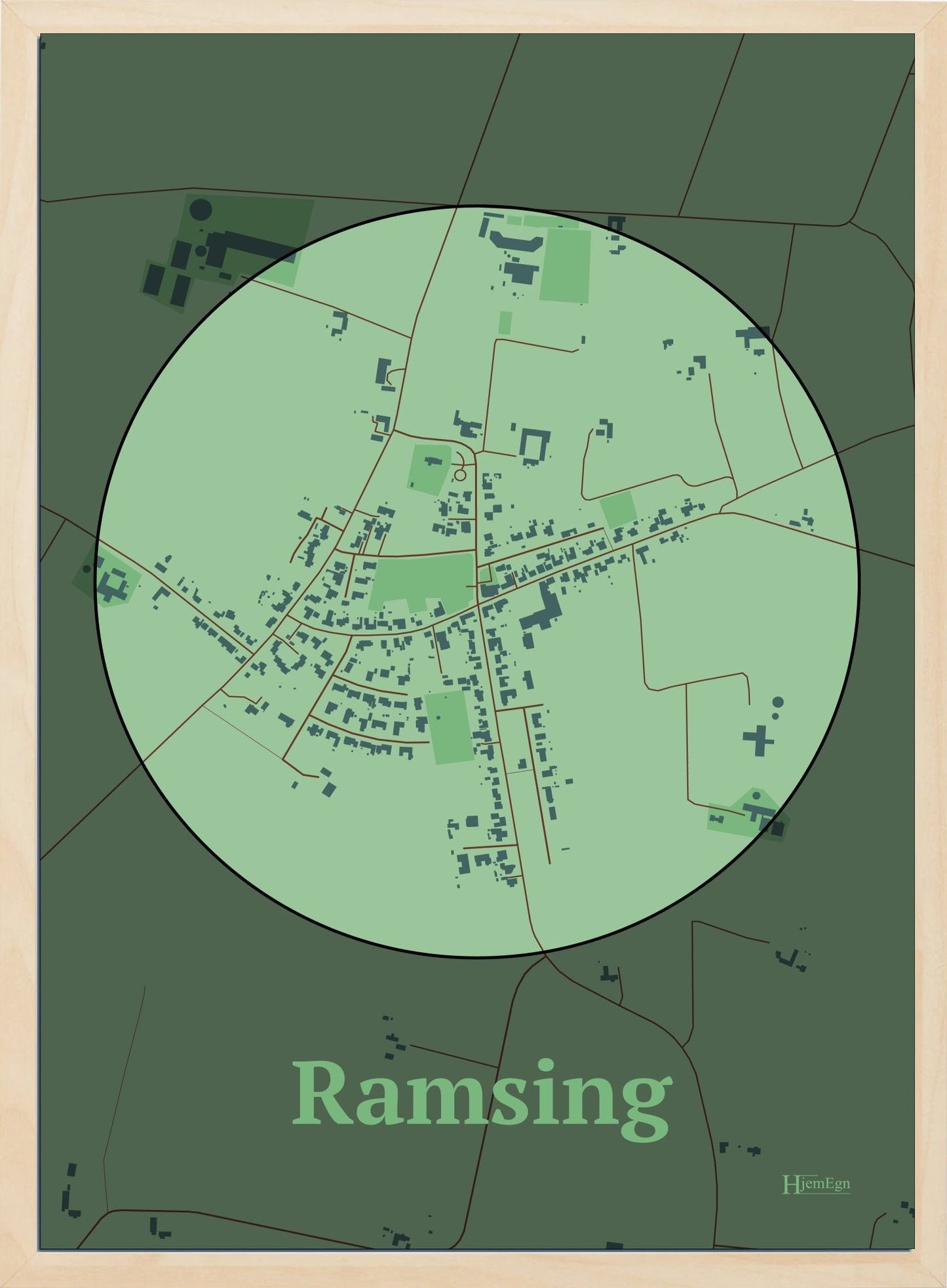 Ramsing plakat i farve pastel grøn og HjemEgn.dk design centrum. Design bykort for Ramsing