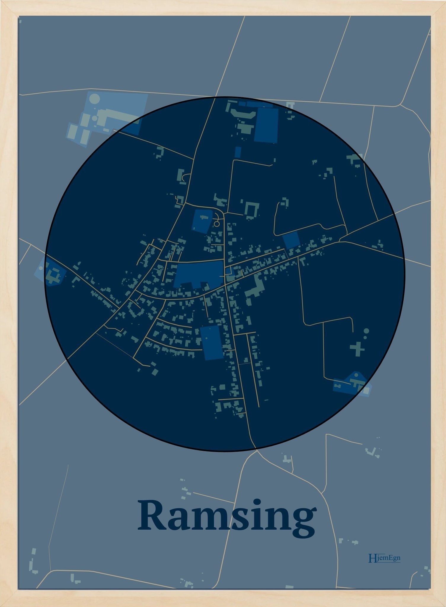 Ramsing plakat i farve mørk blå og HjemEgn.dk design centrum. Design bykort for Ramsing