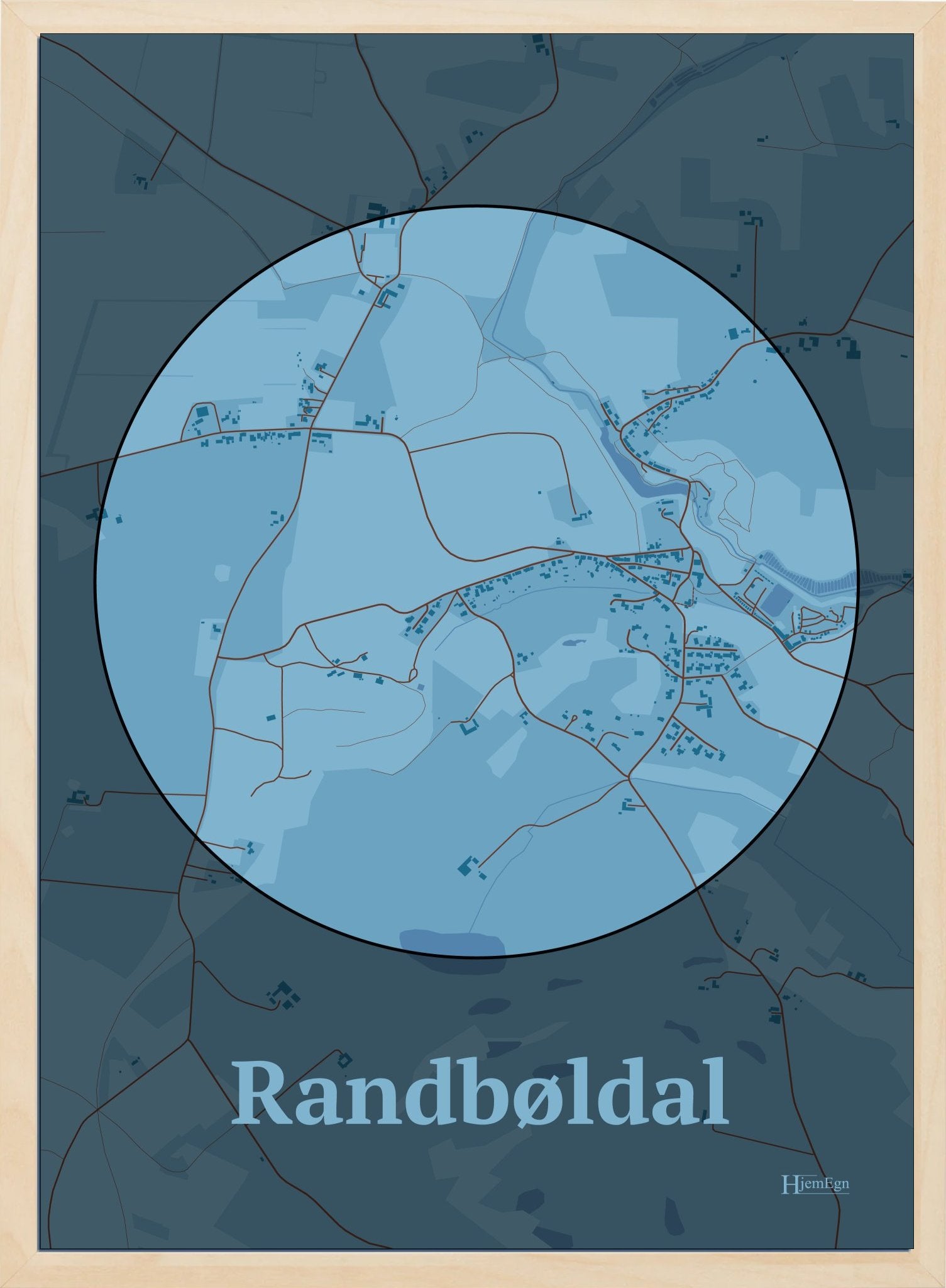 Randbøldal plakat i farve pastel blå og HjemEgn.dk design centrum. Design bykort for Randbøldal