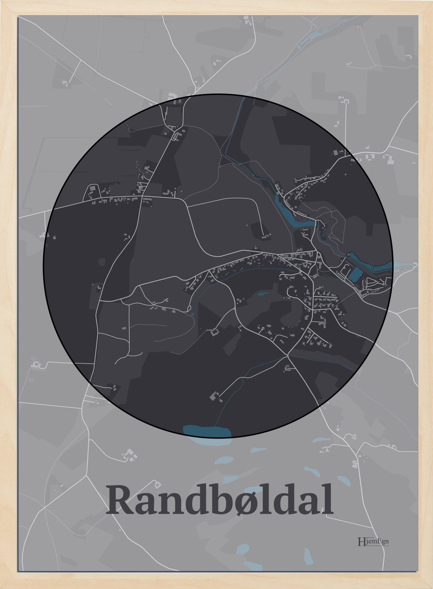 Randbøldal plakat i farve mørk brun og HjemEgn.dk design centrum. Design bykort for Randbøldal