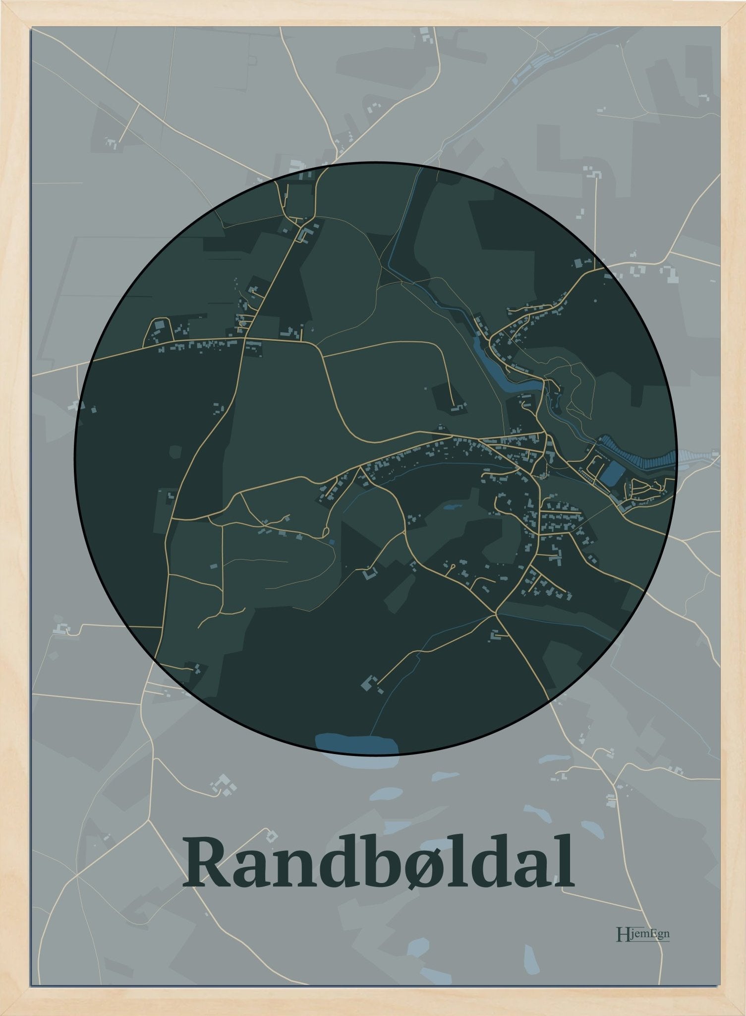 Randbøldal plakat i farve mørk grøn og HjemEgn.dk design centrum. Design bykort for Randbøldal