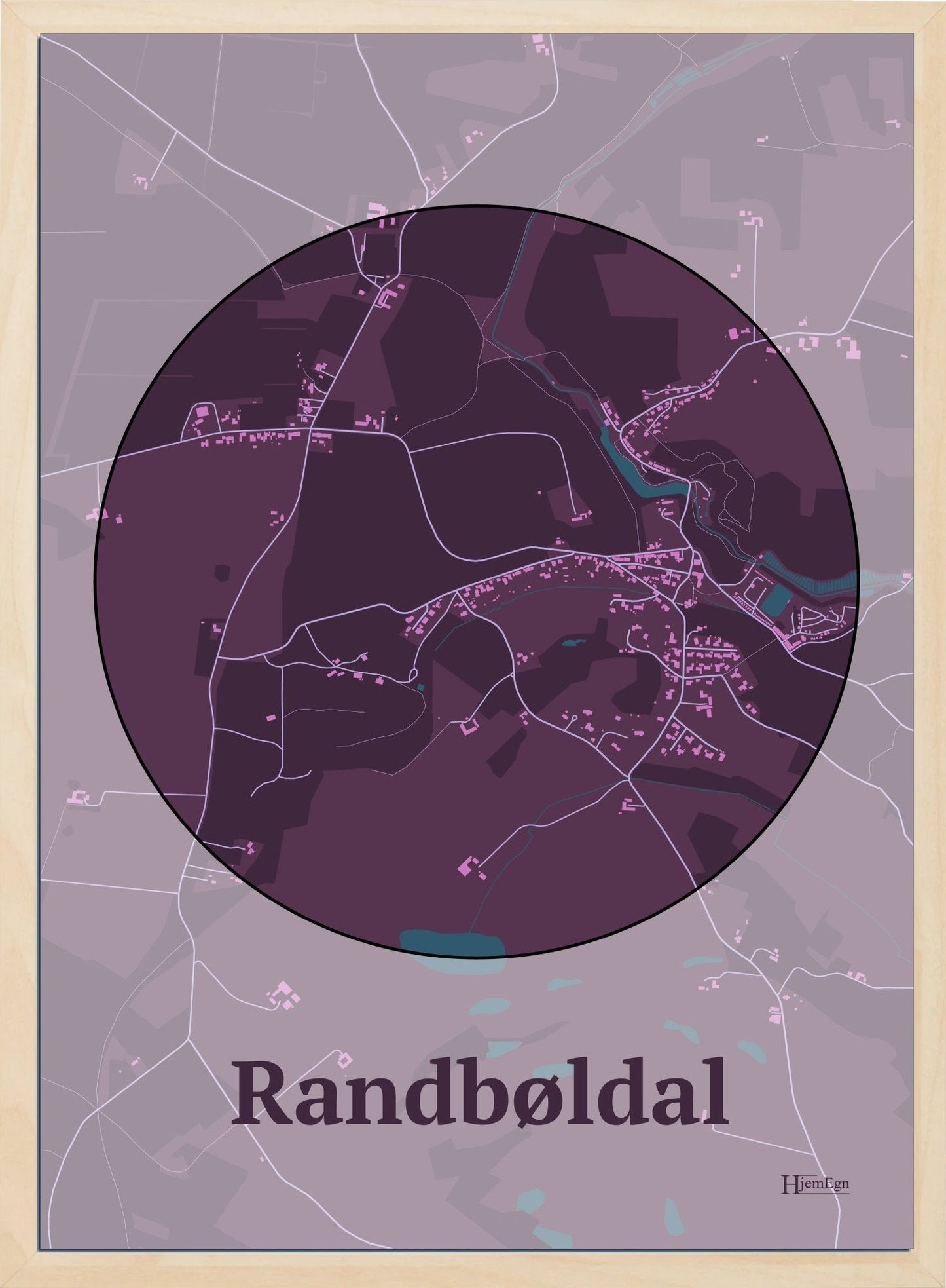 Randbøldal plakat i farve mørk rød og HjemEgn.dk design centrum. Design bykort for Randbøldal