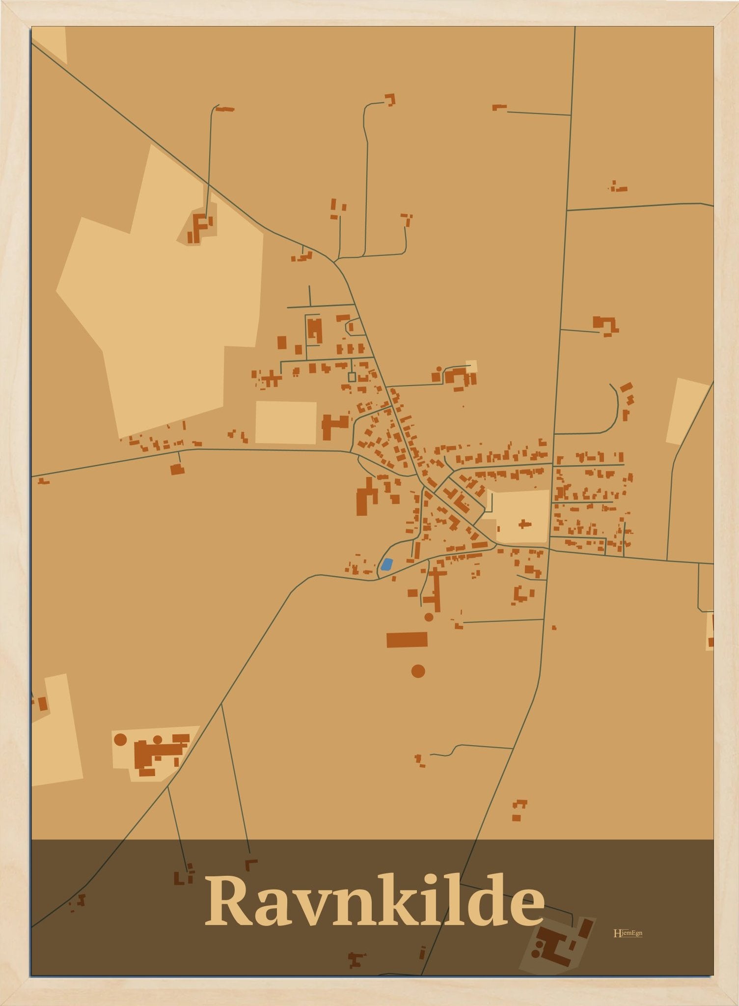 Ravnkilde plakat i farve pastel brun og HjemEgn.dk design firkantet. Design bykort for Ravnkilde