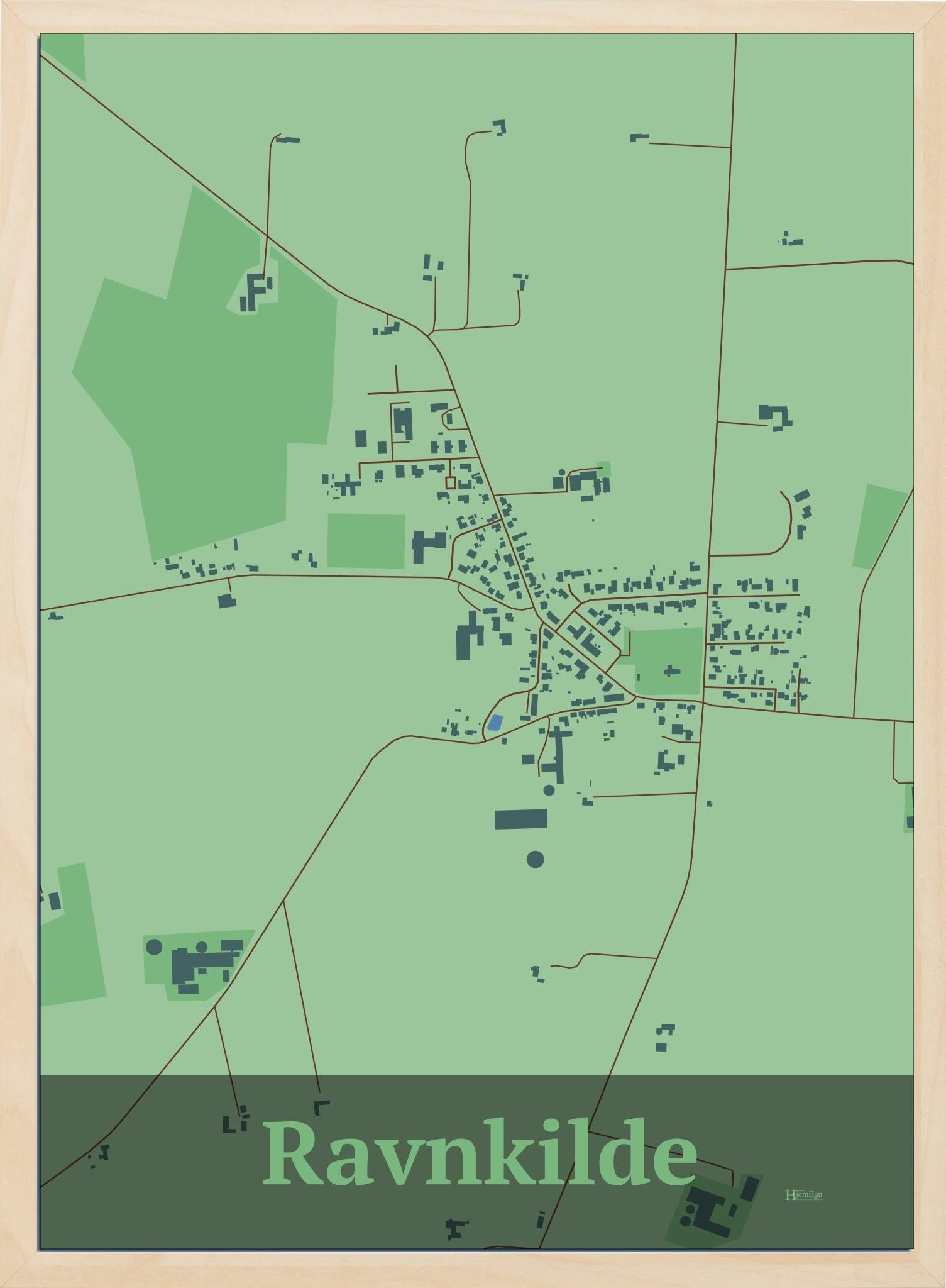 Ravnkilde plakat i farve pastel grøn og HjemEgn.dk design firkantet. Design bykort for Ravnkilde
