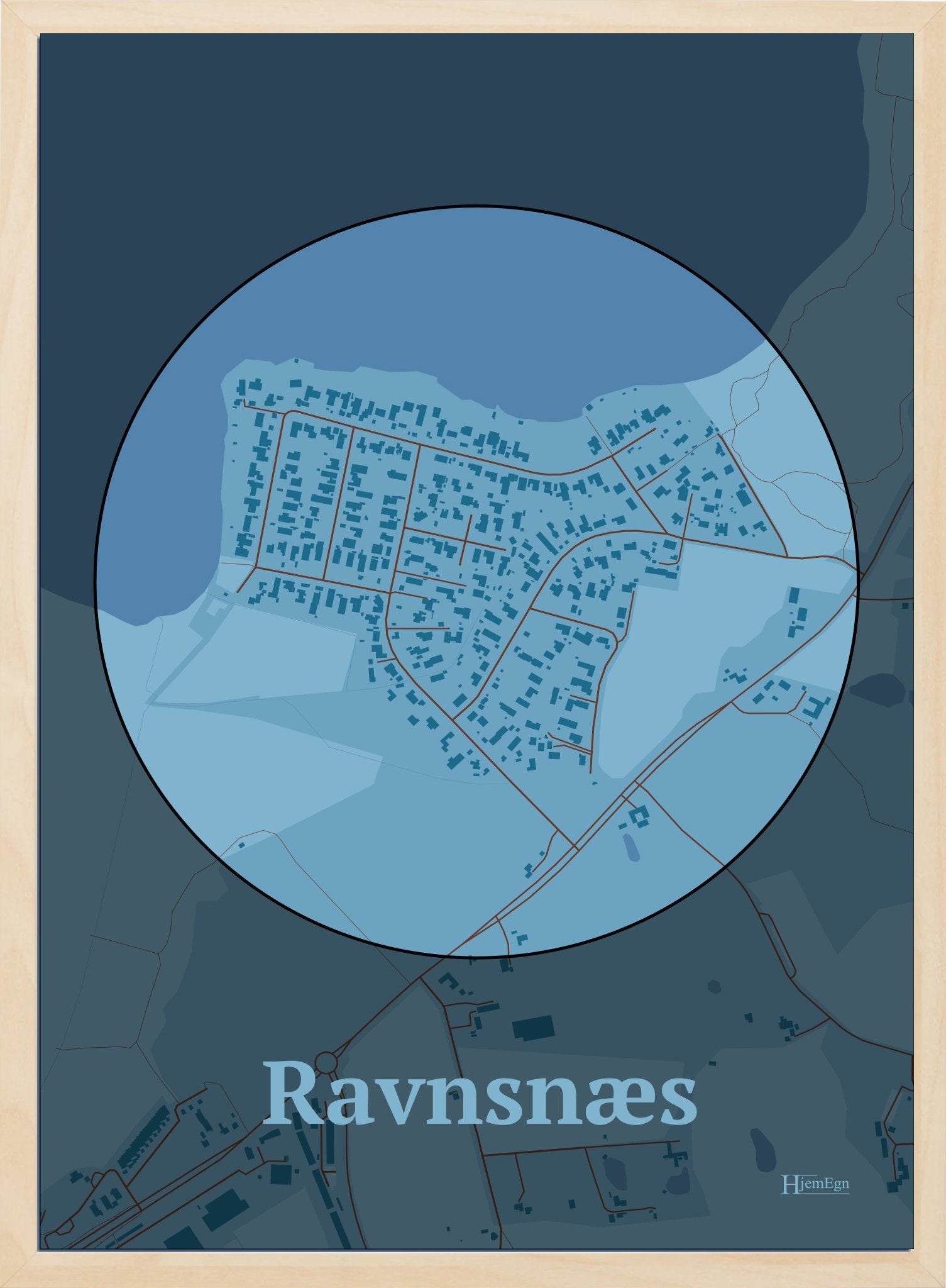Ravnsnæs plakat i farve pastel blå og HjemEgn.dk design centrum. Design bykort for Ravnsnæs