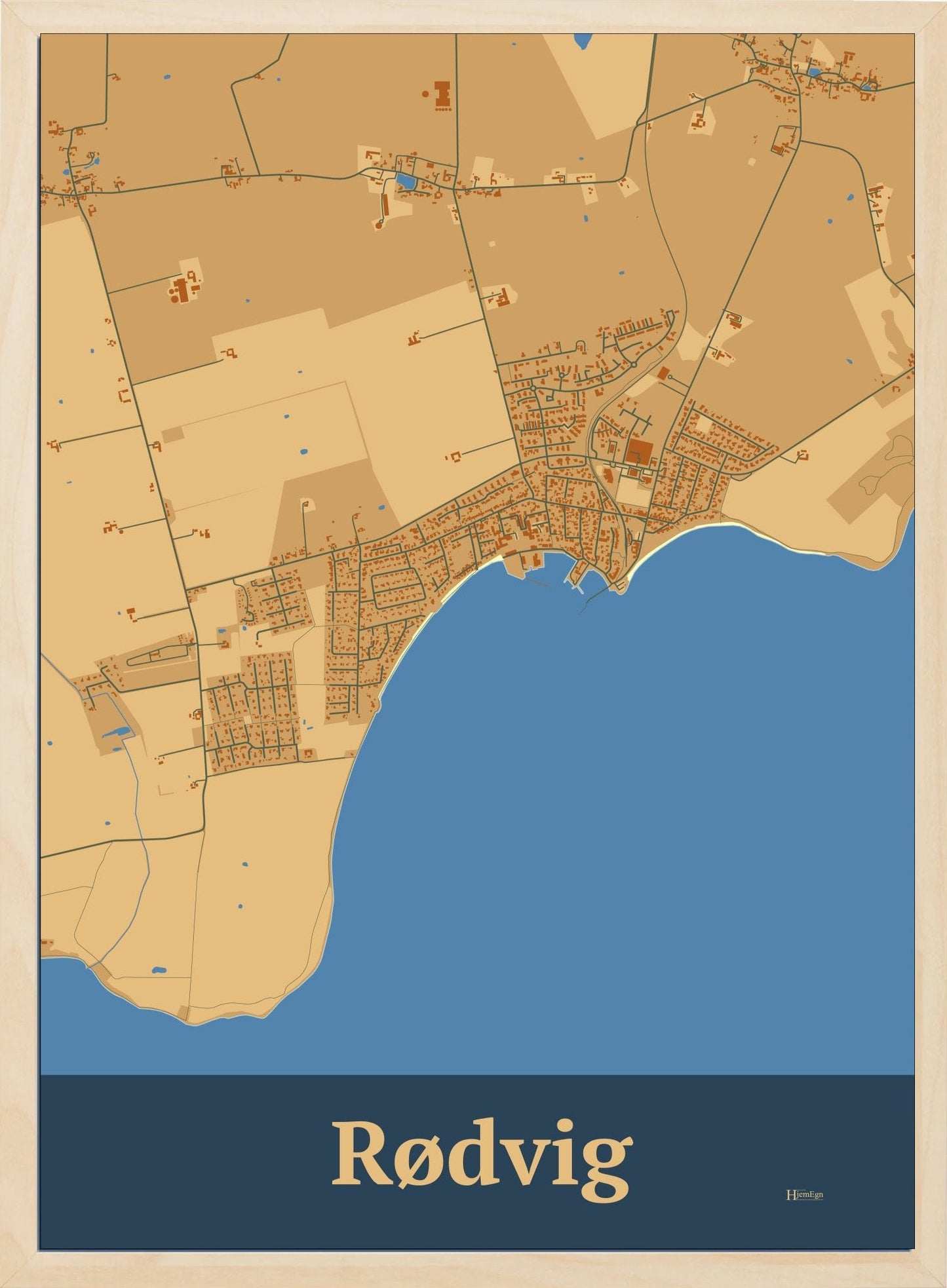Rødvig plakat i farve pastel brun og HjemEgn.dk design firkantet. Design bykort for Rødvig
