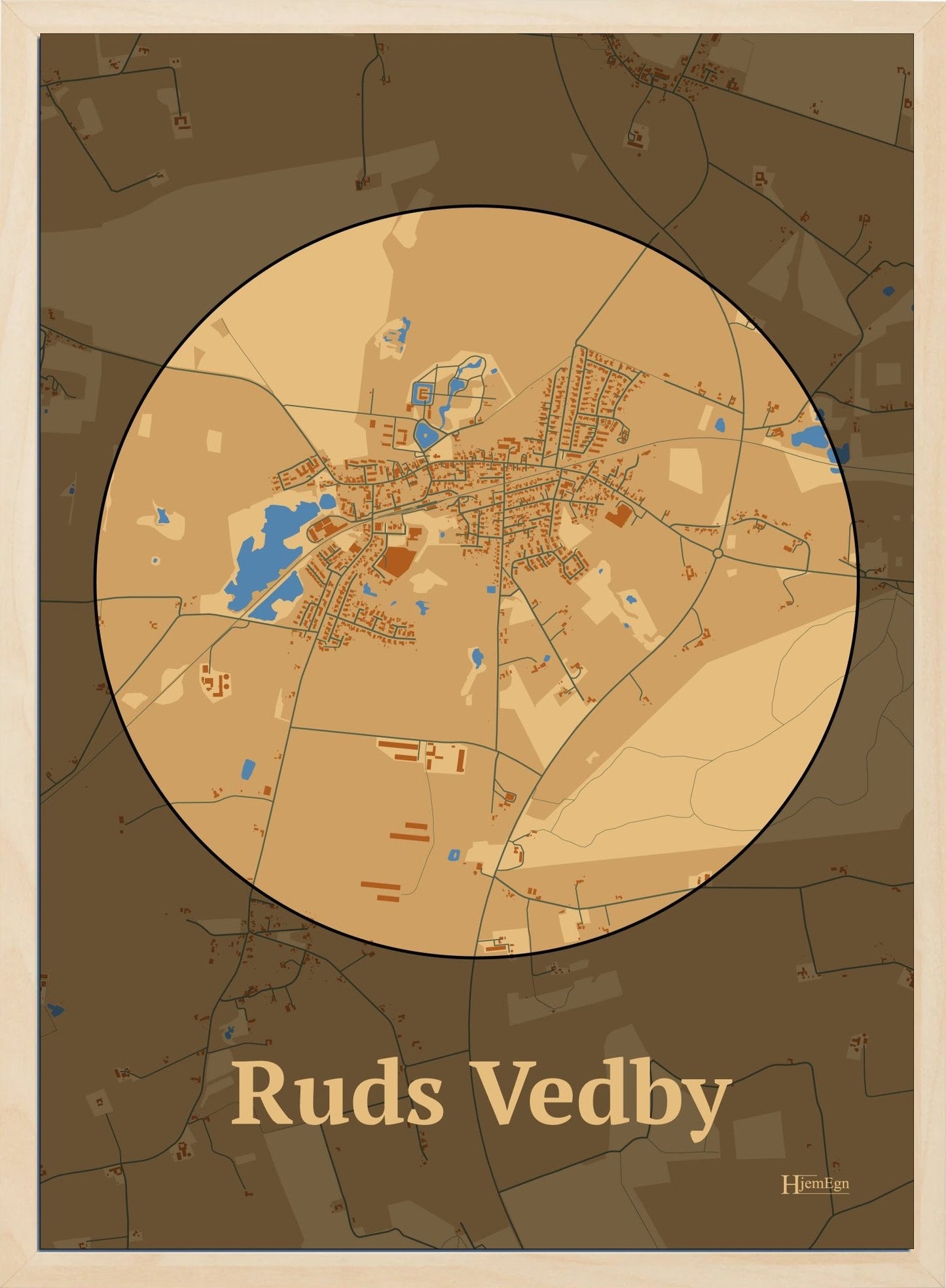 Ruds Vedby plakat i farve pastel brun og HjemEgn.dk design centrum. Design bykort for Ruds Vedby