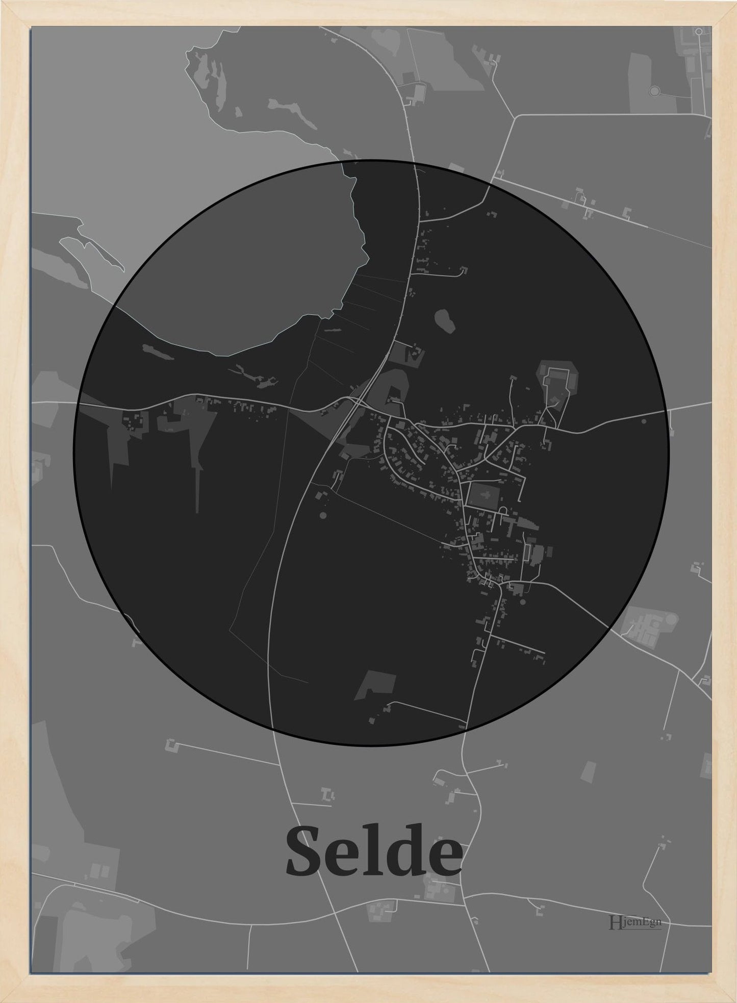 Selde plakat i farve mørk grå og HjemEgn.dk design centrum. Design bykort for Selde