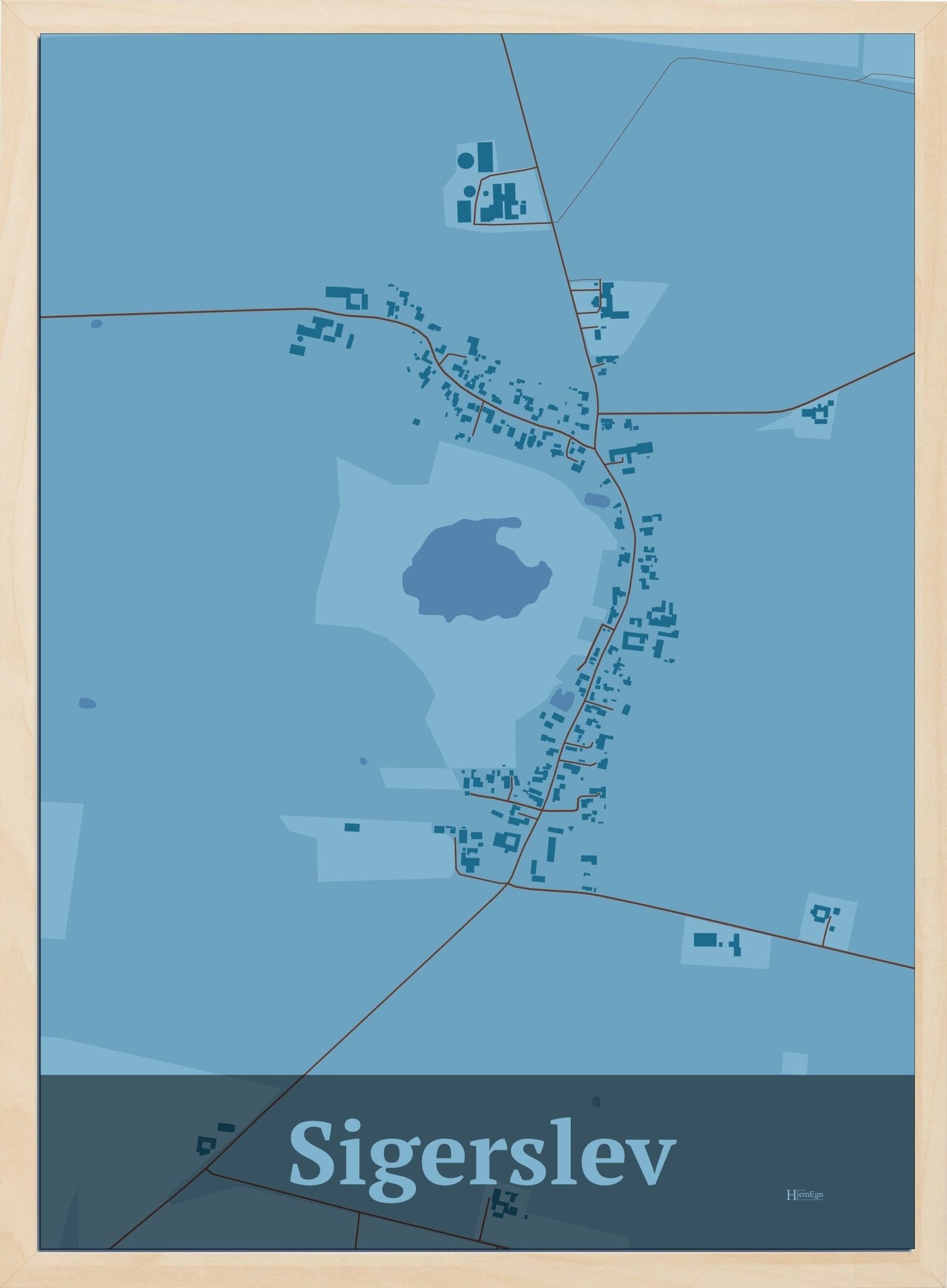 Sigerslev plakat i farve pastel blå og HjemEgn.dk design firkantet. Design bykort for Sigerslev