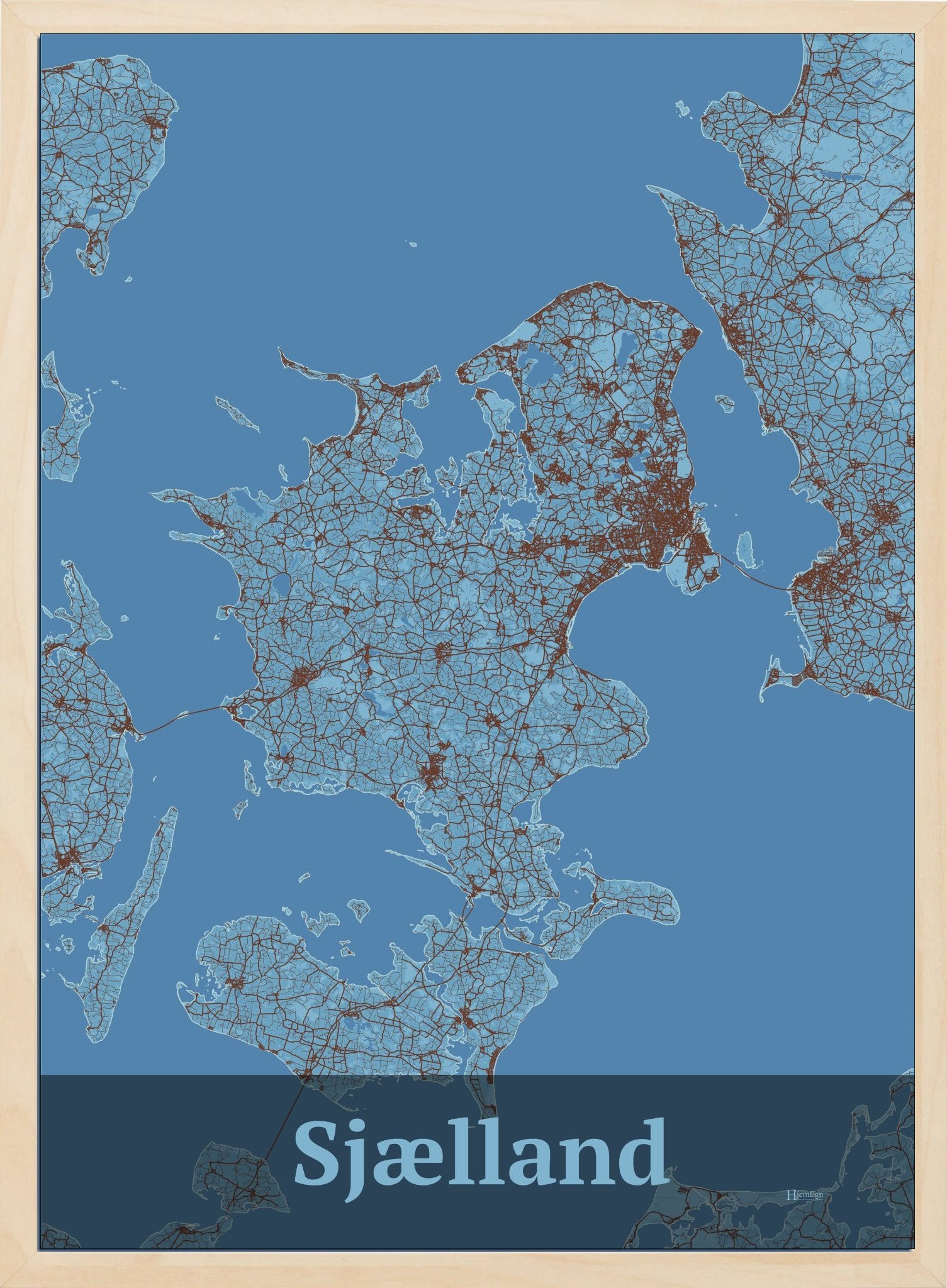 Sjælland plakat i pastel blå og HjemEgn.dk design firkantet. Design bykort for Sjælland