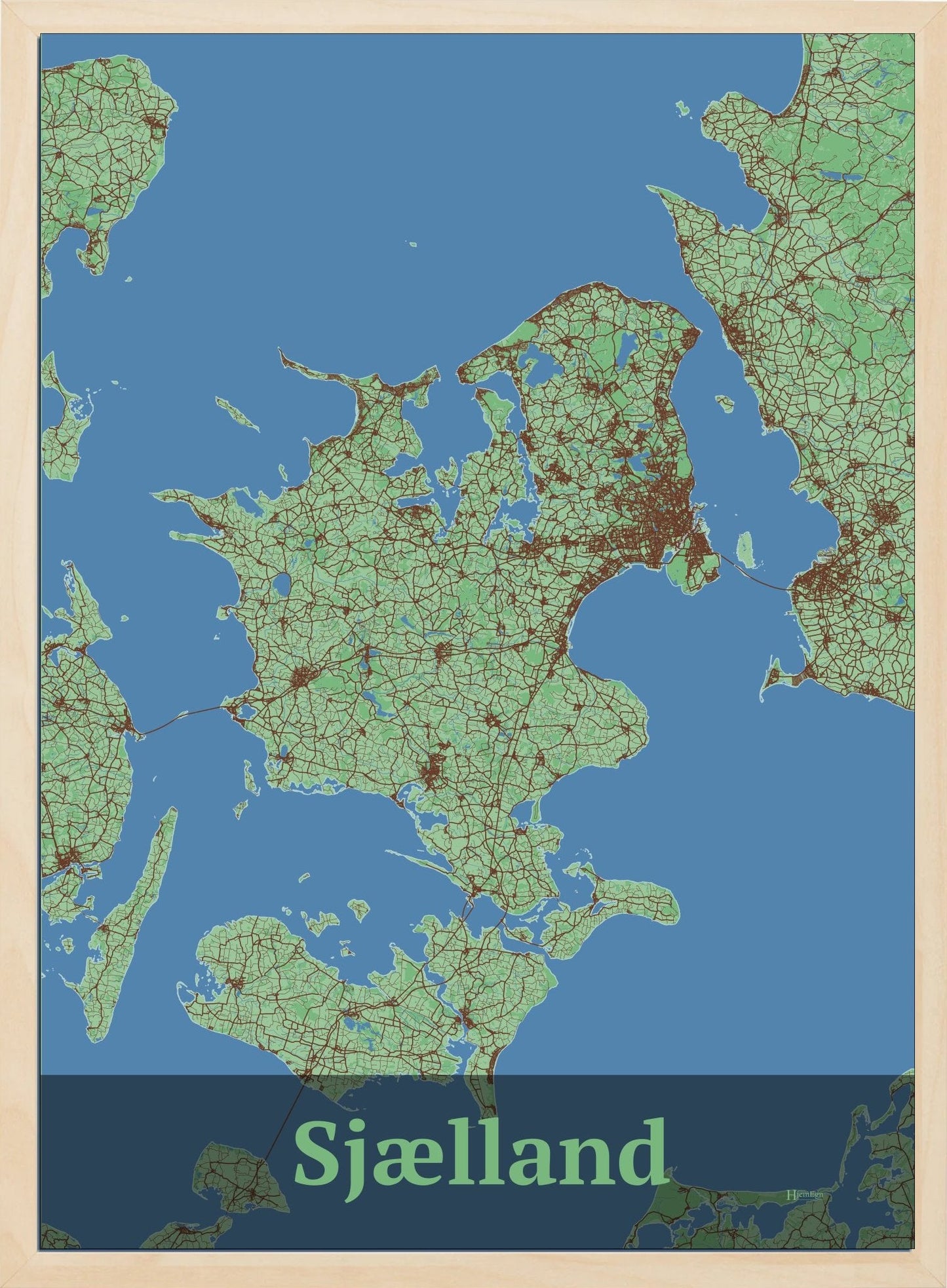 Sjælland plakat i pastel grøn og HjemEgn.dk design firkantet. Design bykort for Sjælland