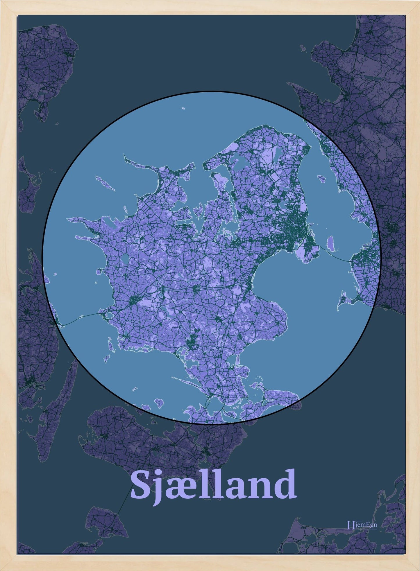 Sjælland plakat i farve pastel lilla og HjemEgn.dk design centrum. Design ø-kort for Sjælland
