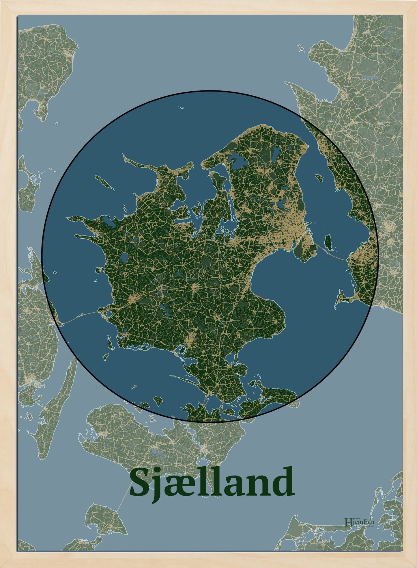 Sjælland plakat i farve mørk grøn og HjemEgn.dk design centrum. Design ø-kort for Sjælland