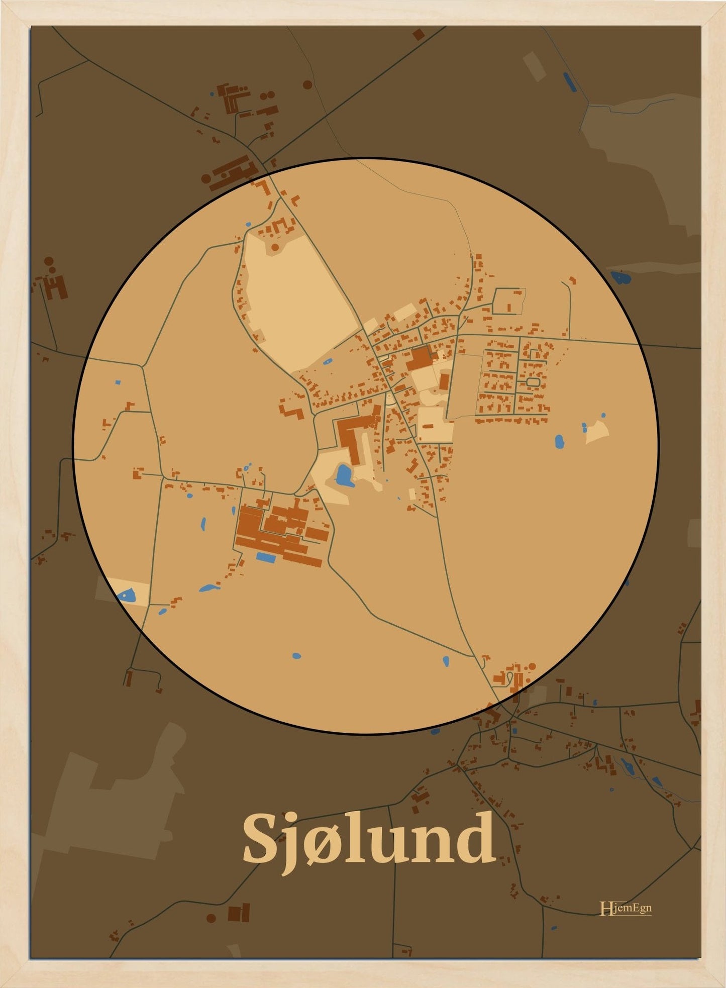 Sjølund plakat i farve pastel brun og HjemEgn.dk design centrum. Design bykort for Sjølund