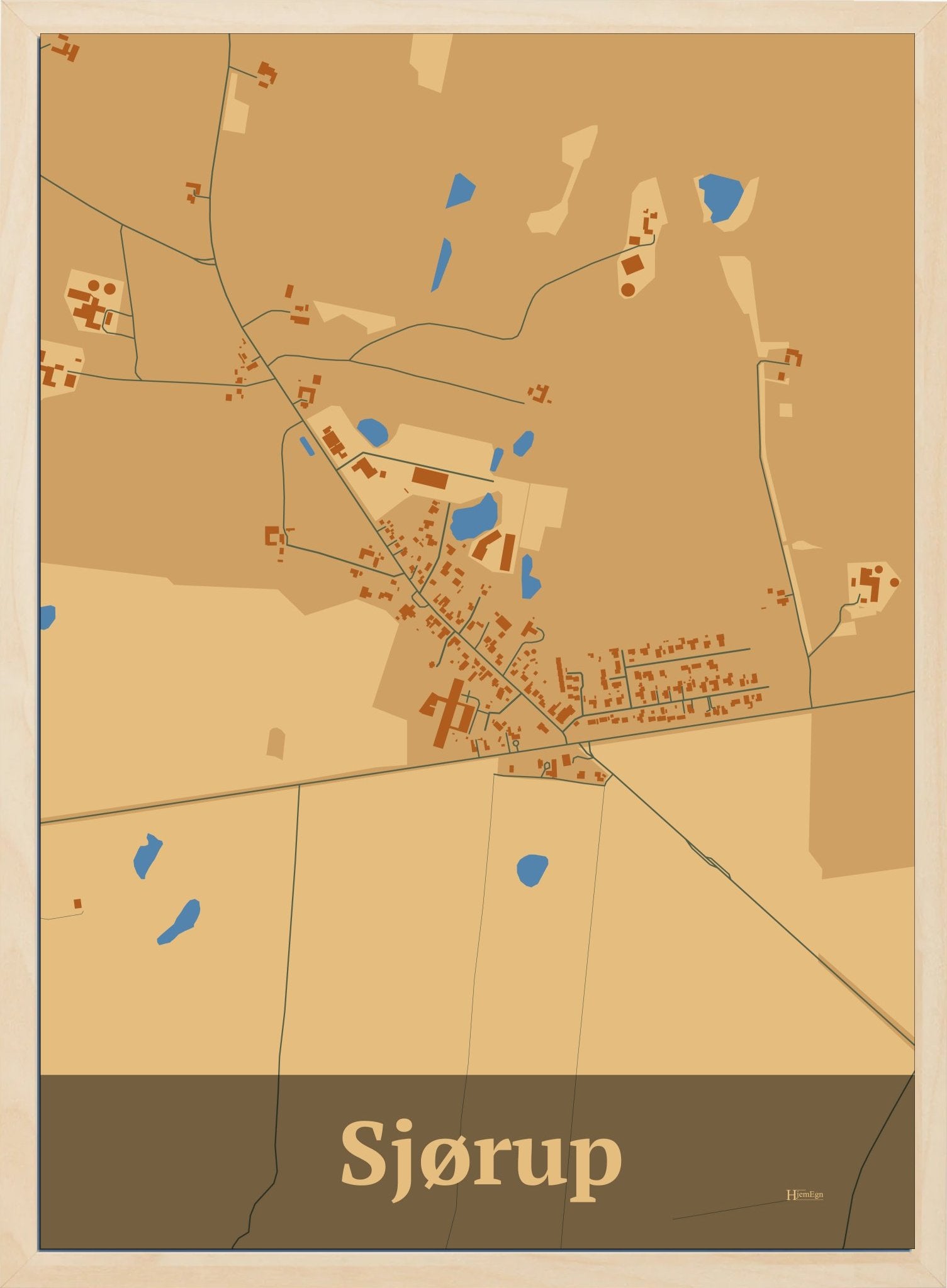 Sjørup plakat i farve pastel brun og HjemEgn.dk design firkantet. Design bykort for Sjørup