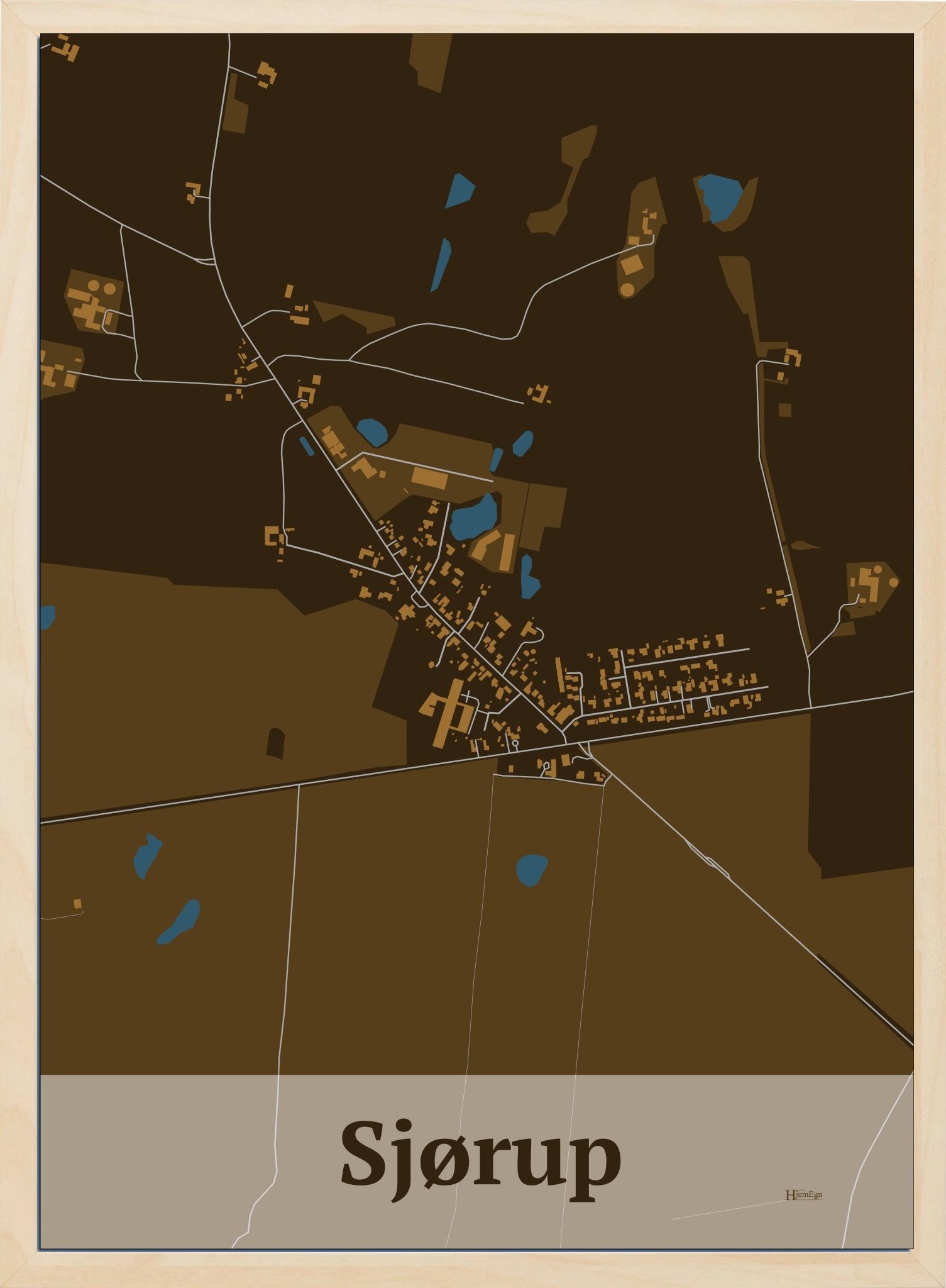 Sjørup plakat i farve mørk brun og HjemEgn.dk design firkantet. Design bykort for Sjørup