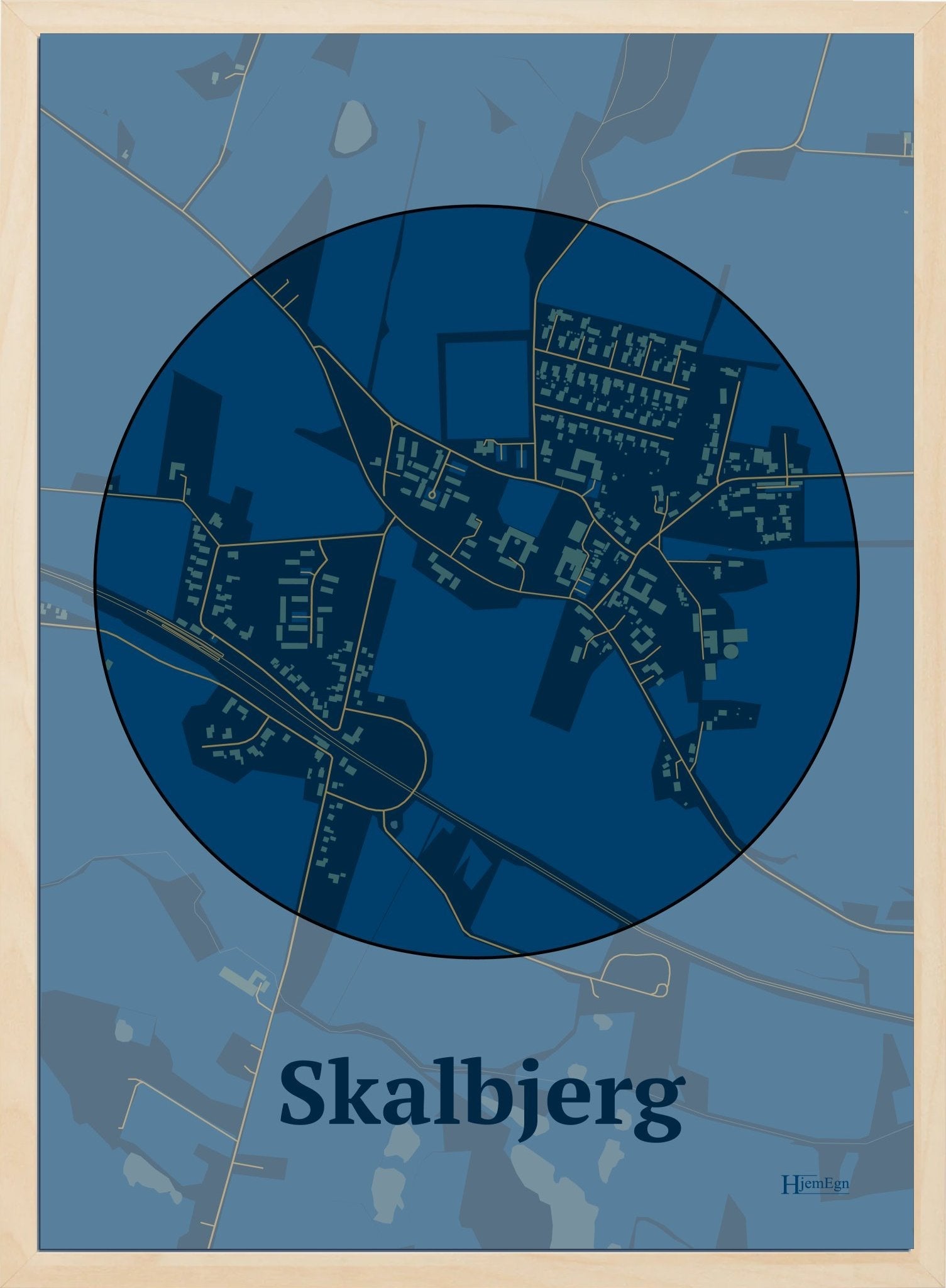 Skalbjerg plakat i farve mørk blå og HjemEgn.dk design centrum. Design bykort for Skalbjerg