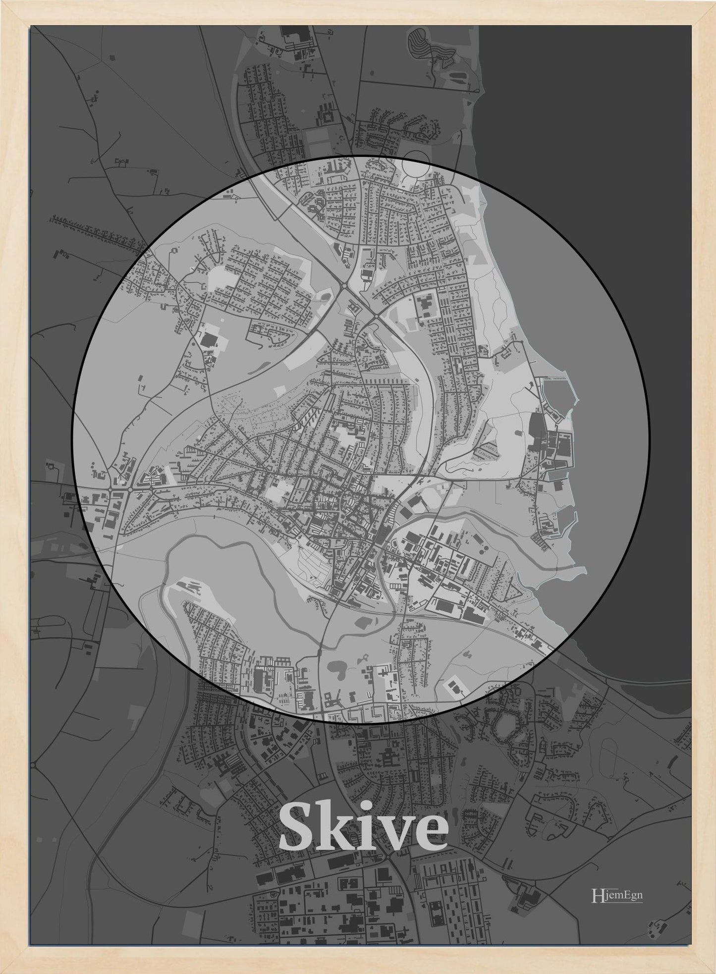 Skive plakat i farve pastel grå og HjemEgn.dk design centrum. Design bykort for Skive