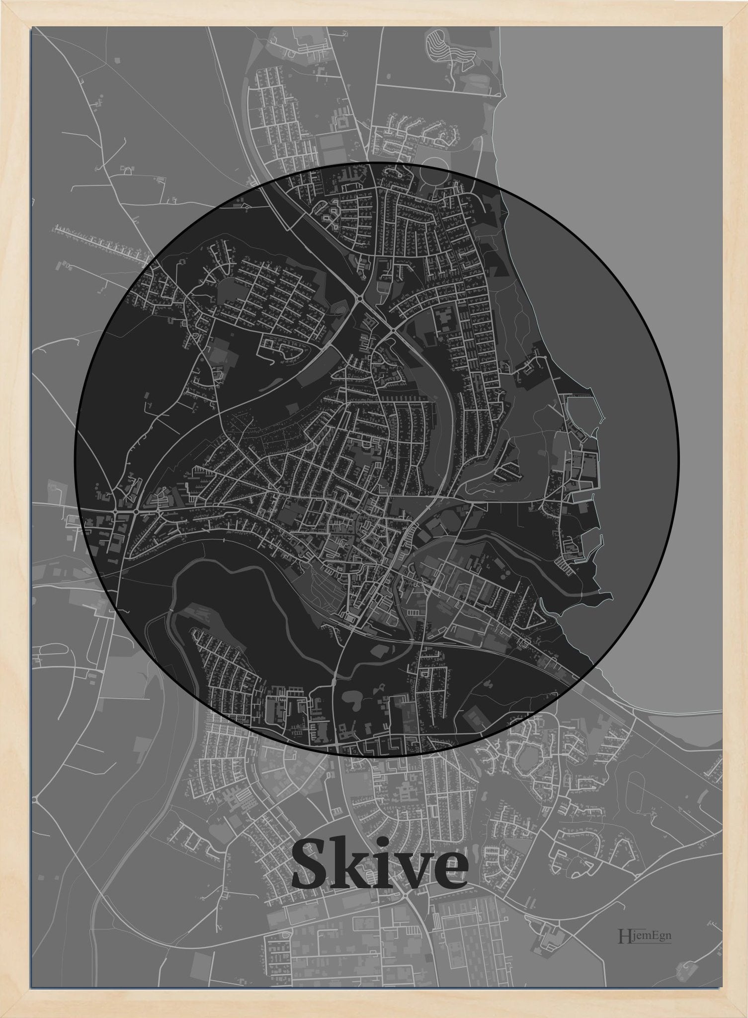 Skive plakat i farve mørk grå og HjemEgn.dk design centrum. Design bykort for Skive