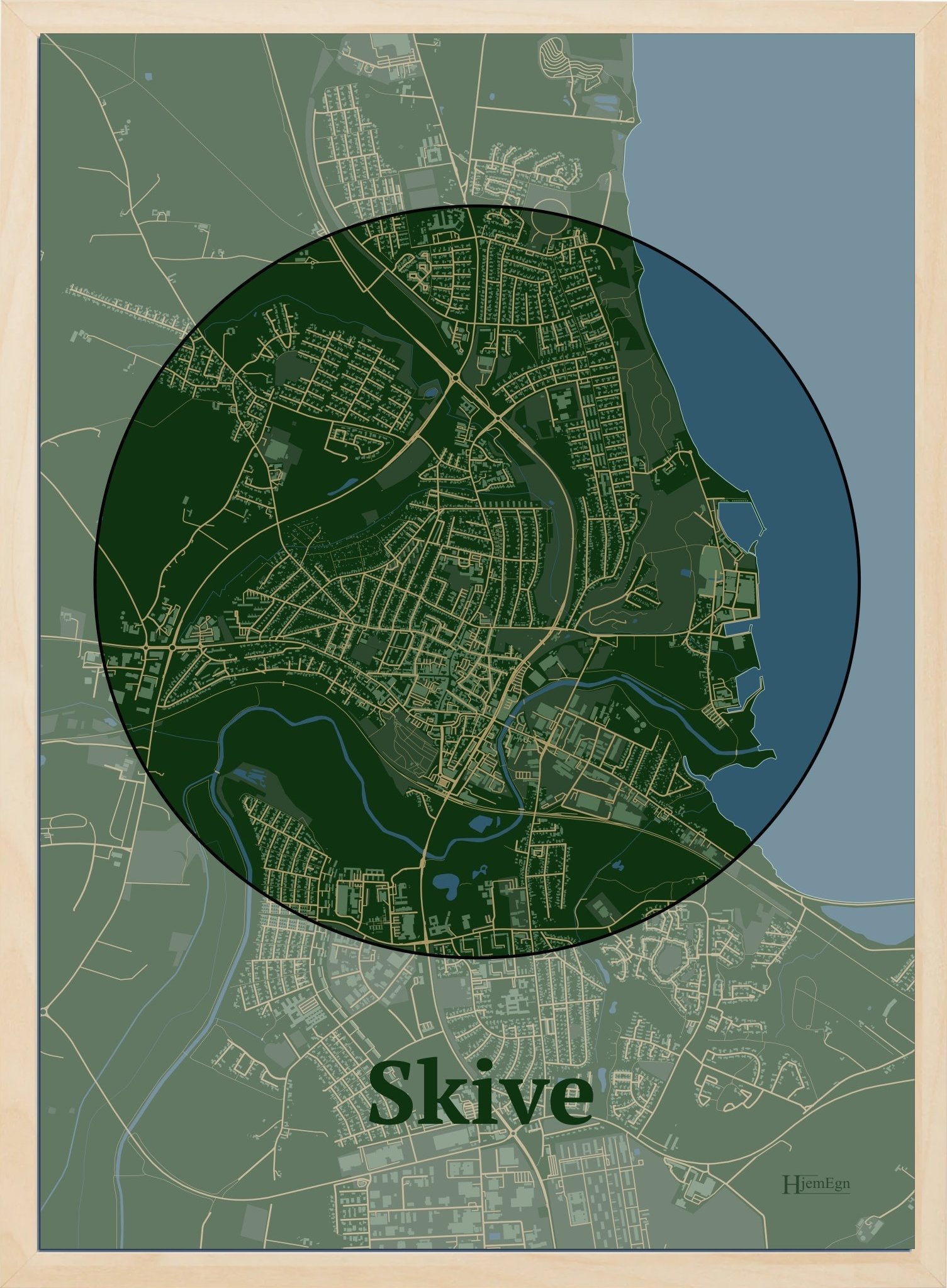 Skive plakat i farve mørk grøn og HjemEgn.dk design centrum. Design bykort for Skive