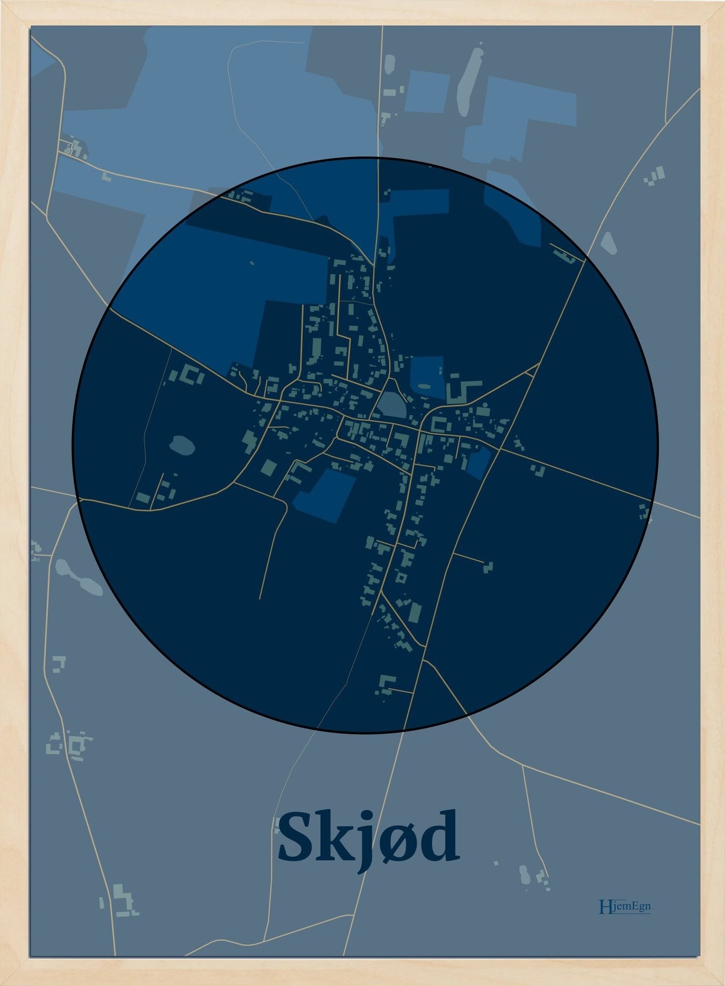 Skjød plakat i farve mørk blå og HjemEgn.dk design centrum. Design bykort for Skjød