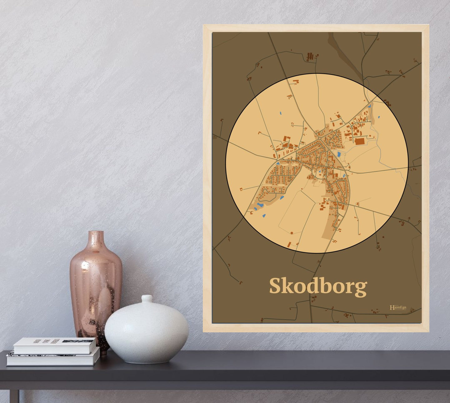 Skodborg plakat i farve  og HjemEgn.dk design centrum. Design bykort for Skodborg