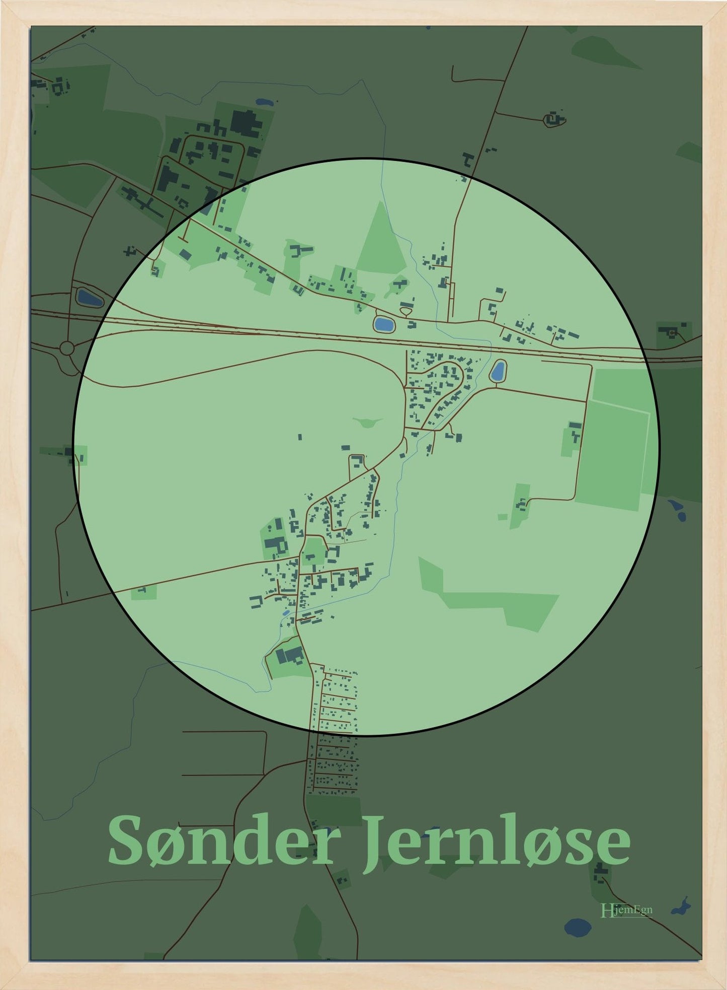 Sønder Jernløse plakat i farve pastel grøn og HjemEgn.dk design centrum. Design bykort for Sønder Jernløse