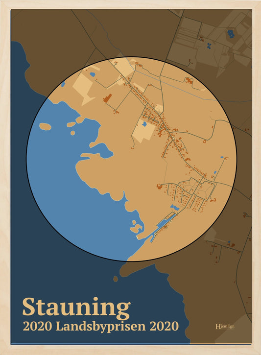 Stauning Vinder Af Landsbyprisen 2020 plakat i farve pastel brun og HjemEgn.dk design centrum. Design bykort for Stauning Vinder Af Landsbyprisen 2020