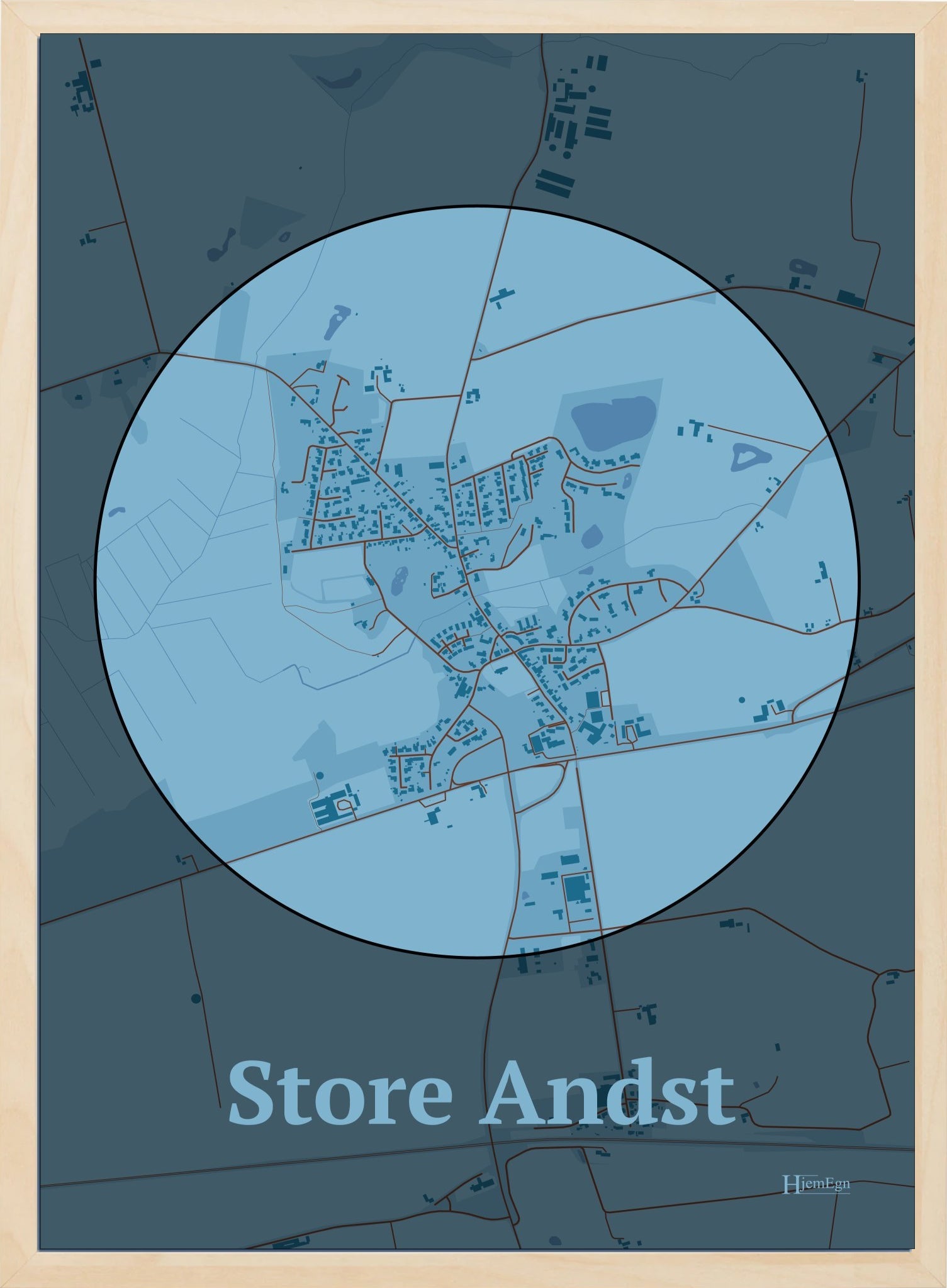 Store Andst plakat i farve pastel blå og HjemEgn.dk design centrum. Design bykort for Store Andst