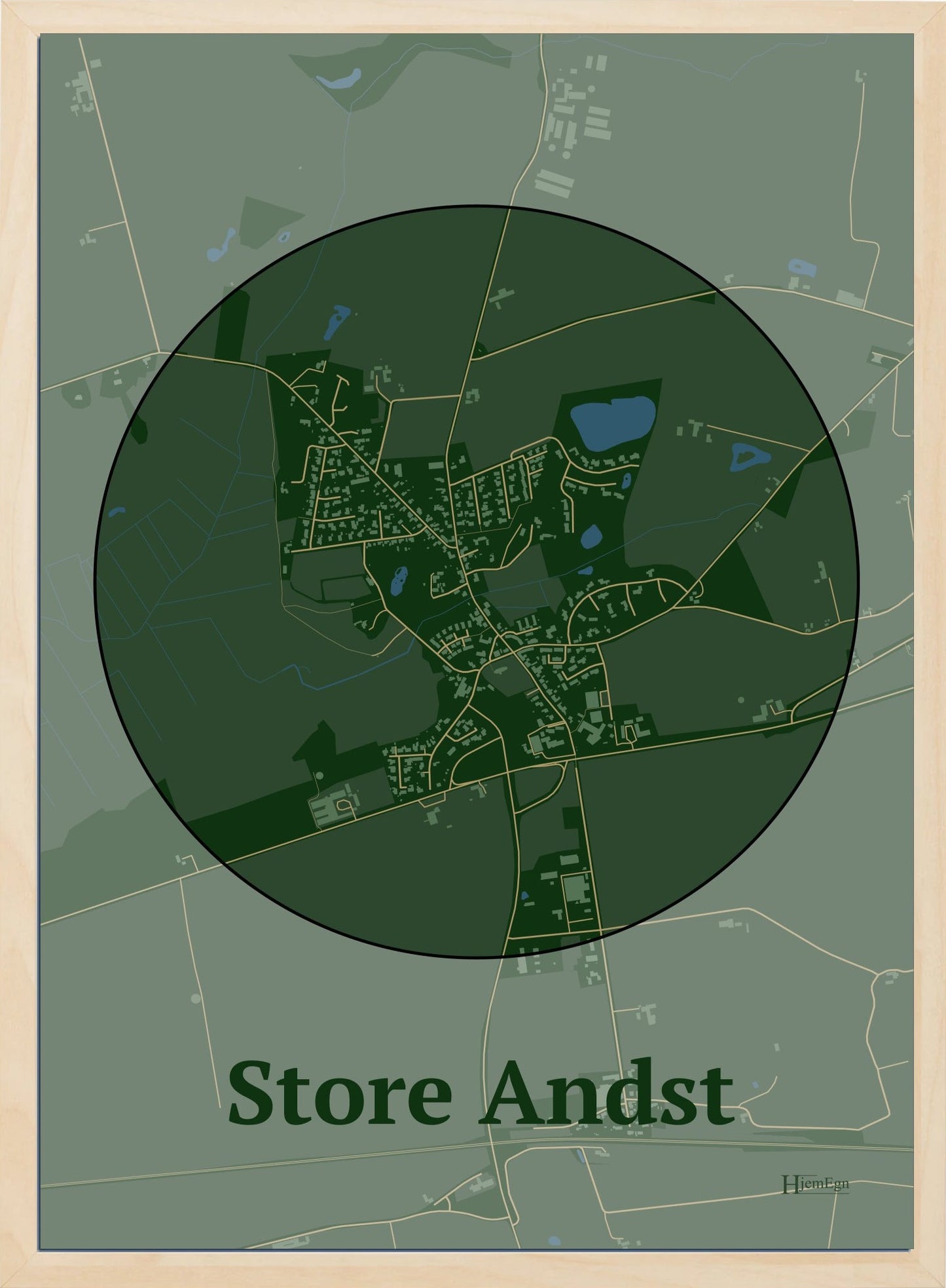 Store Andst plakat i farve mørk grøn og HjemEgn.dk design centrum. Design bykort for Store Andst
