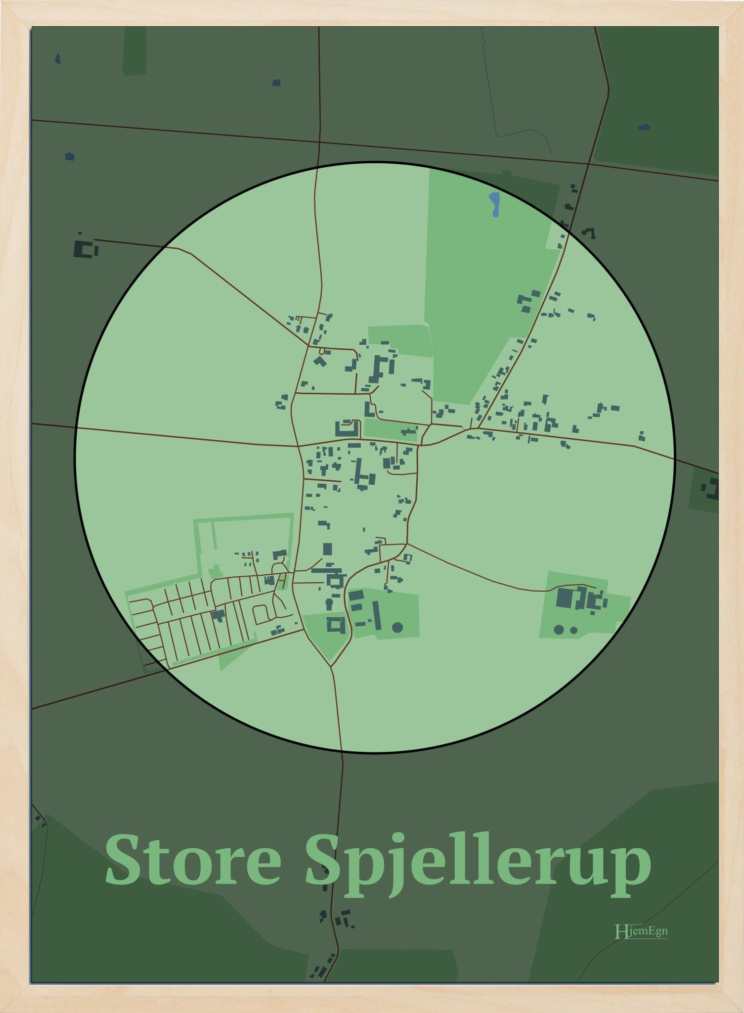 Store Spjellerup plakat i farve pastel grøn og HjemEgn.dk design centrum. Design bykort for Store Spjellerup
