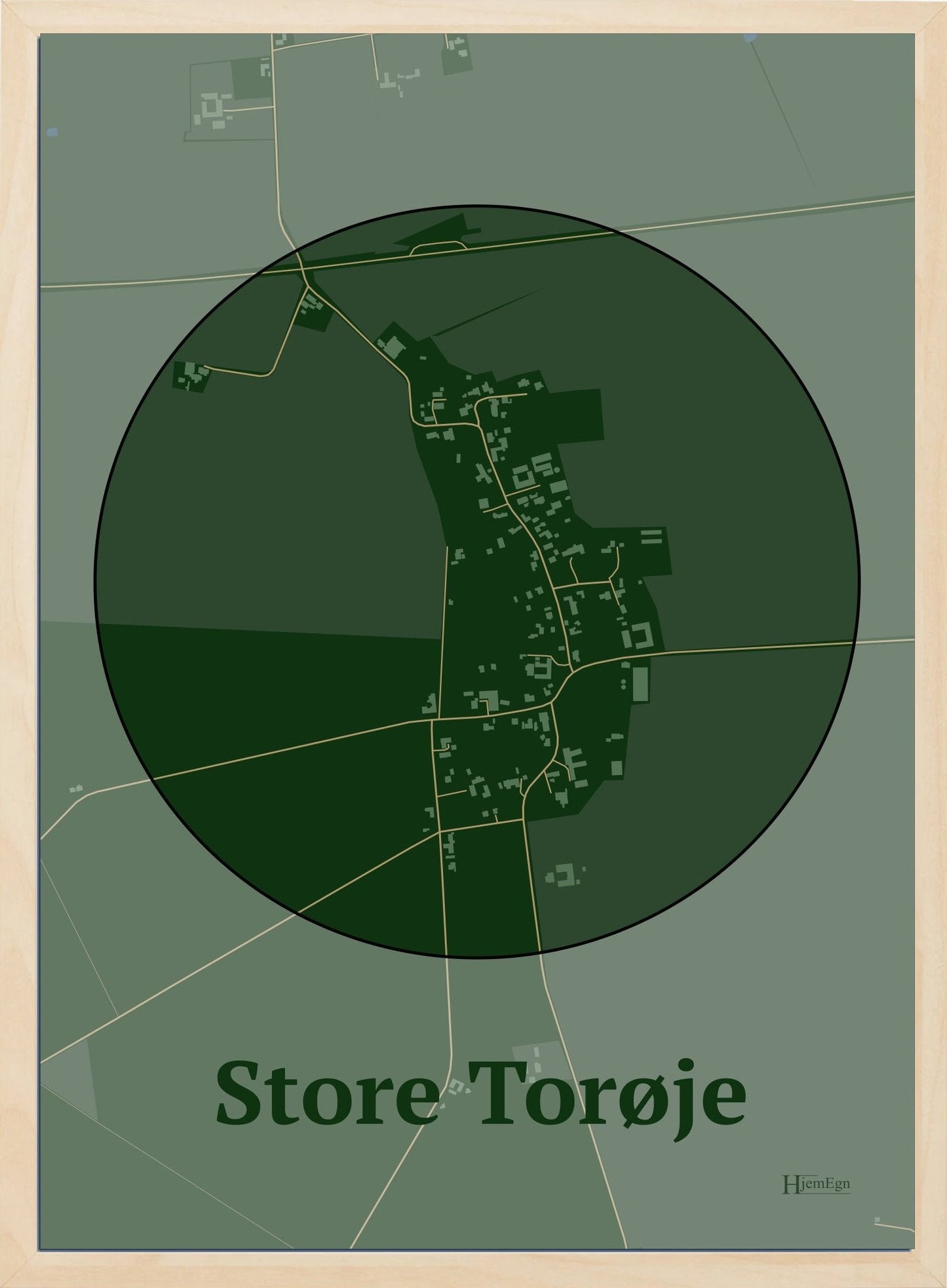 Store Torøje plakat i farve mørk grøn og HjemEgn.dk design centrum. Design bykort for Store Torøje