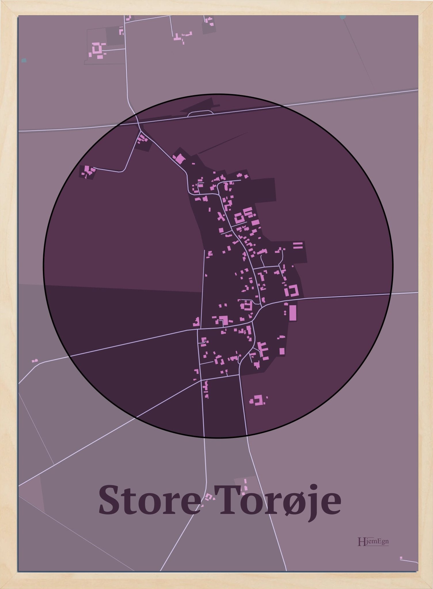 Store Torøje plakat i farve mørk rød og HjemEgn.dk design centrum. Design bykort for Store Torøje
