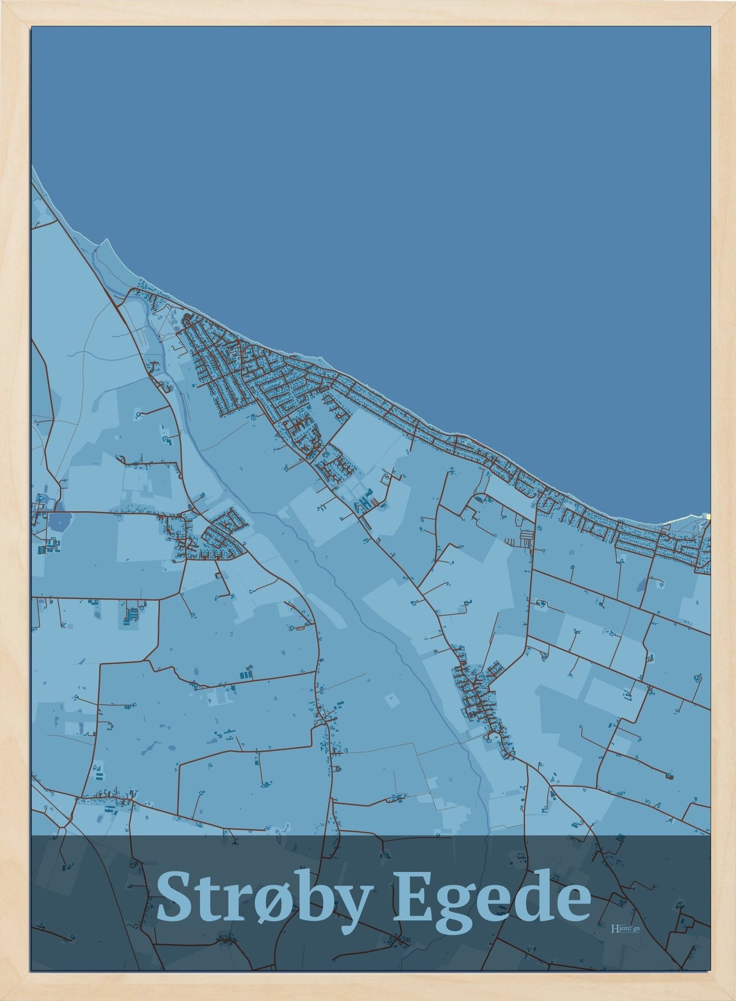 Strøby Egede plakat i farve pastel blå og HjemEgn.dk design firkantet. Design bykort for Strøby Egede