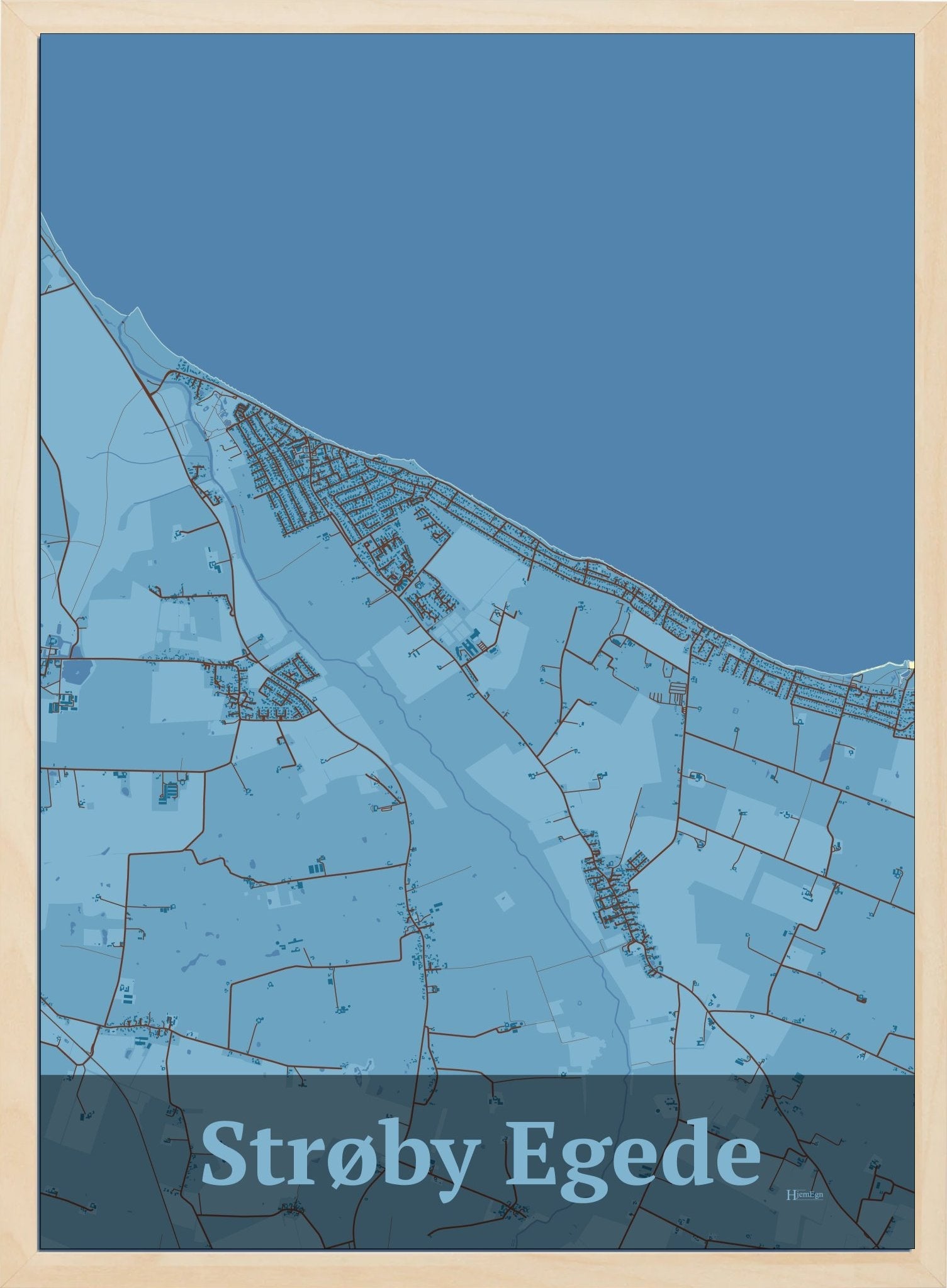 Strøby Egede plakat i farve pastel blå og HjemEgn.dk design firkantet. Design bykort for Strøby Egede