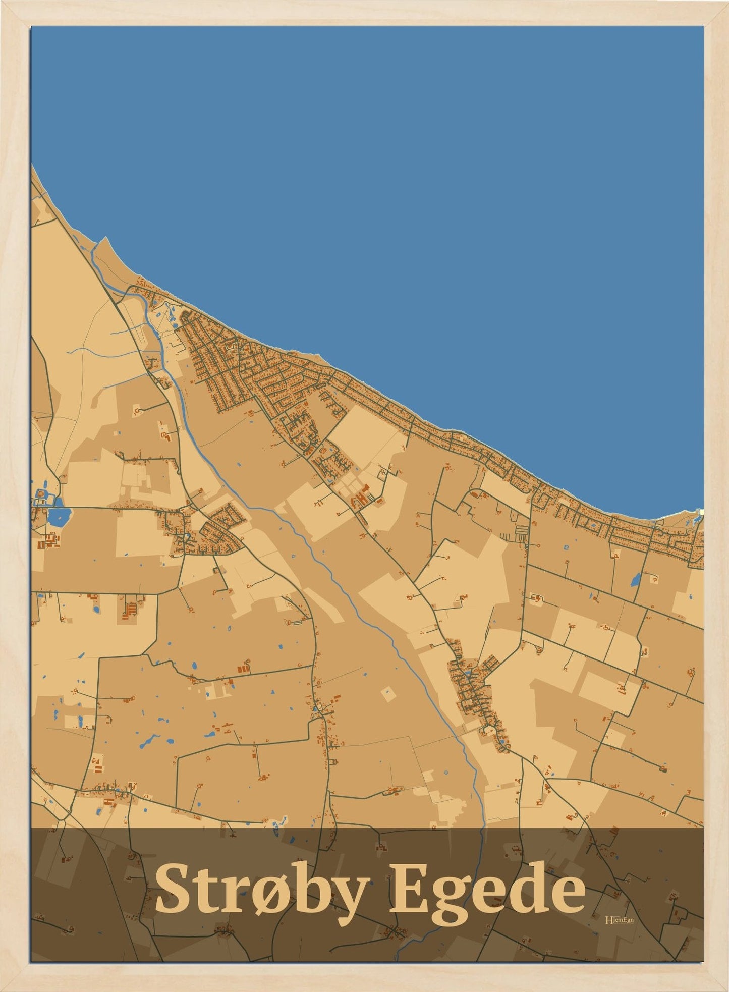 Strøby Egede plakat i farve pastel brun og HjemEgn.dk design firkantet. Design bykort for Strøby Egede
