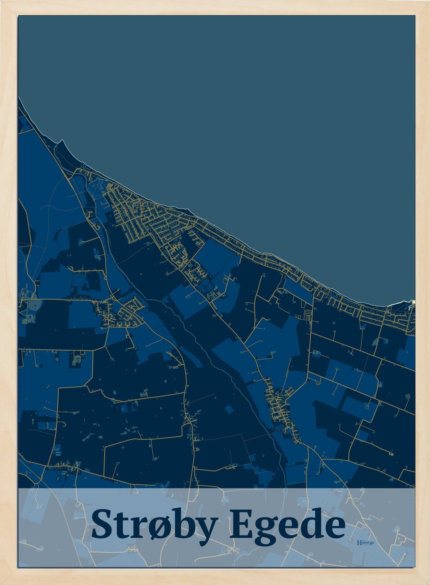 Strøby Egede plakat i farve mørk blå og HjemEgn.dk design firkantet. Design bykort for Strøby Egede