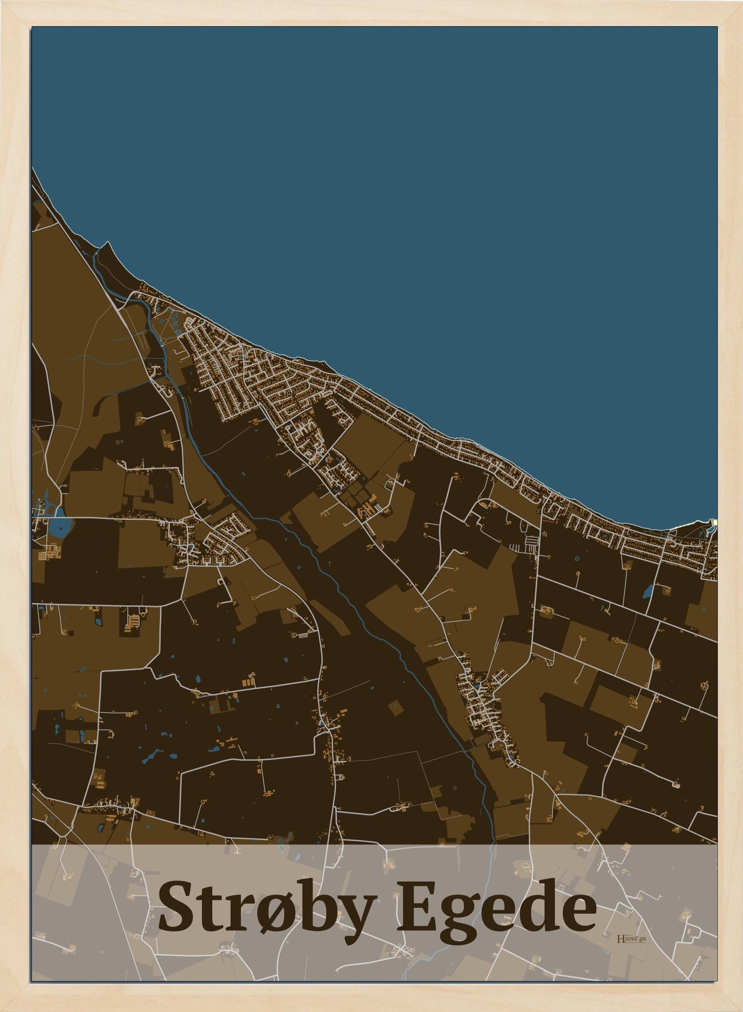 Strøby Egede plakat i farve mørk brun og HjemEgn.dk design firkantet. Design bykort for Strøby Egede