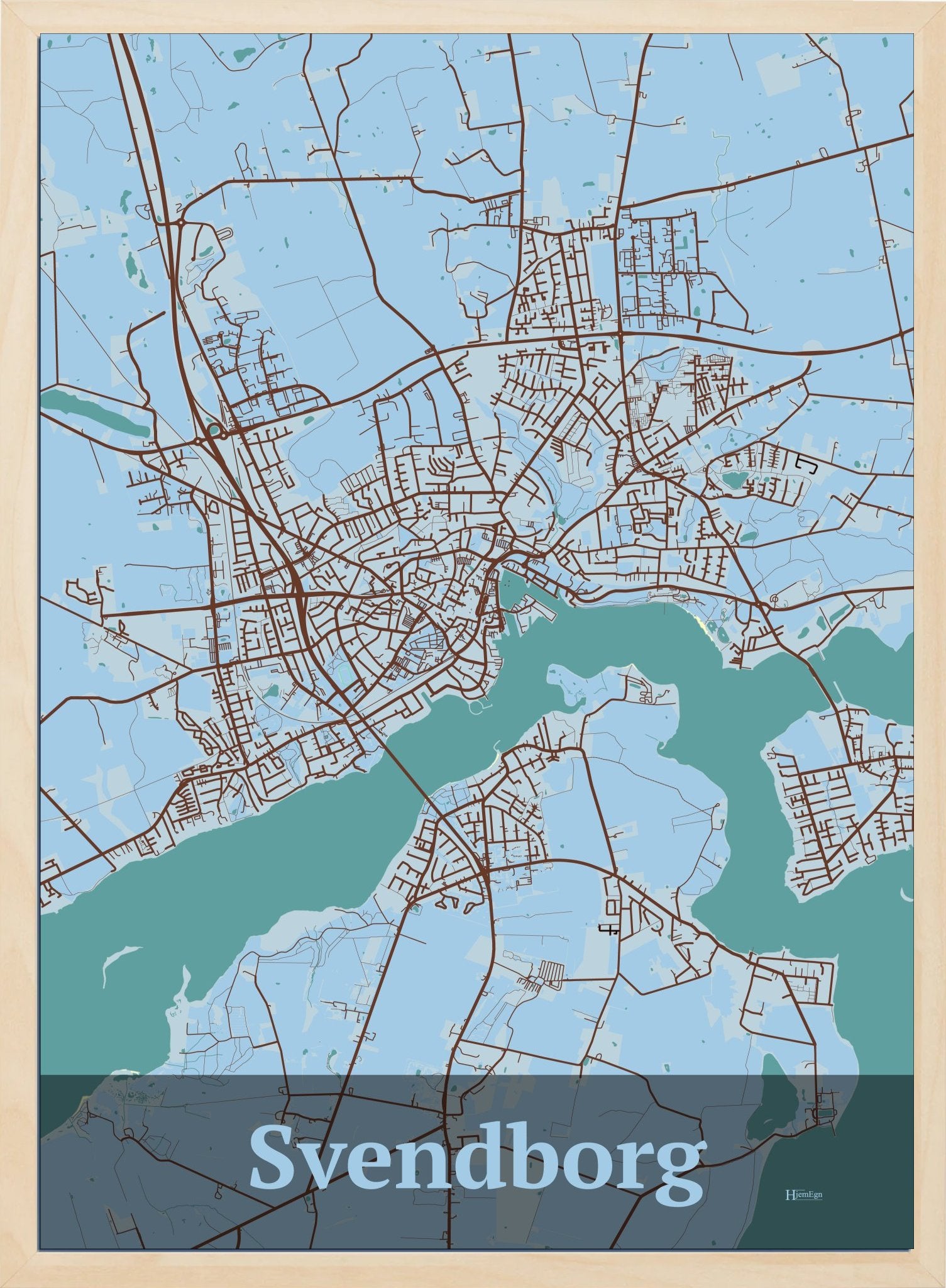 Svendborg plakat i farve pastel blå og HjemEgn.dk design firkantet. Design bykort for Svendborg