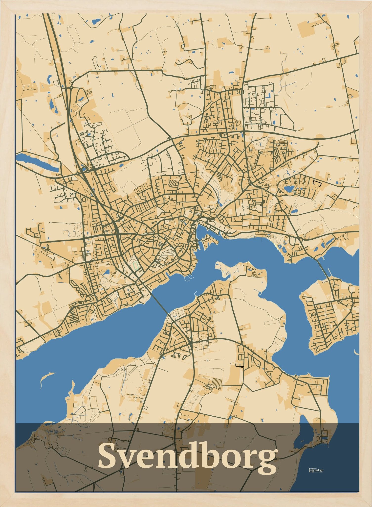 Svendborg plakat i farve pastel brun og HjemEgn.dk design firkantet. Design bykort for Svendborg