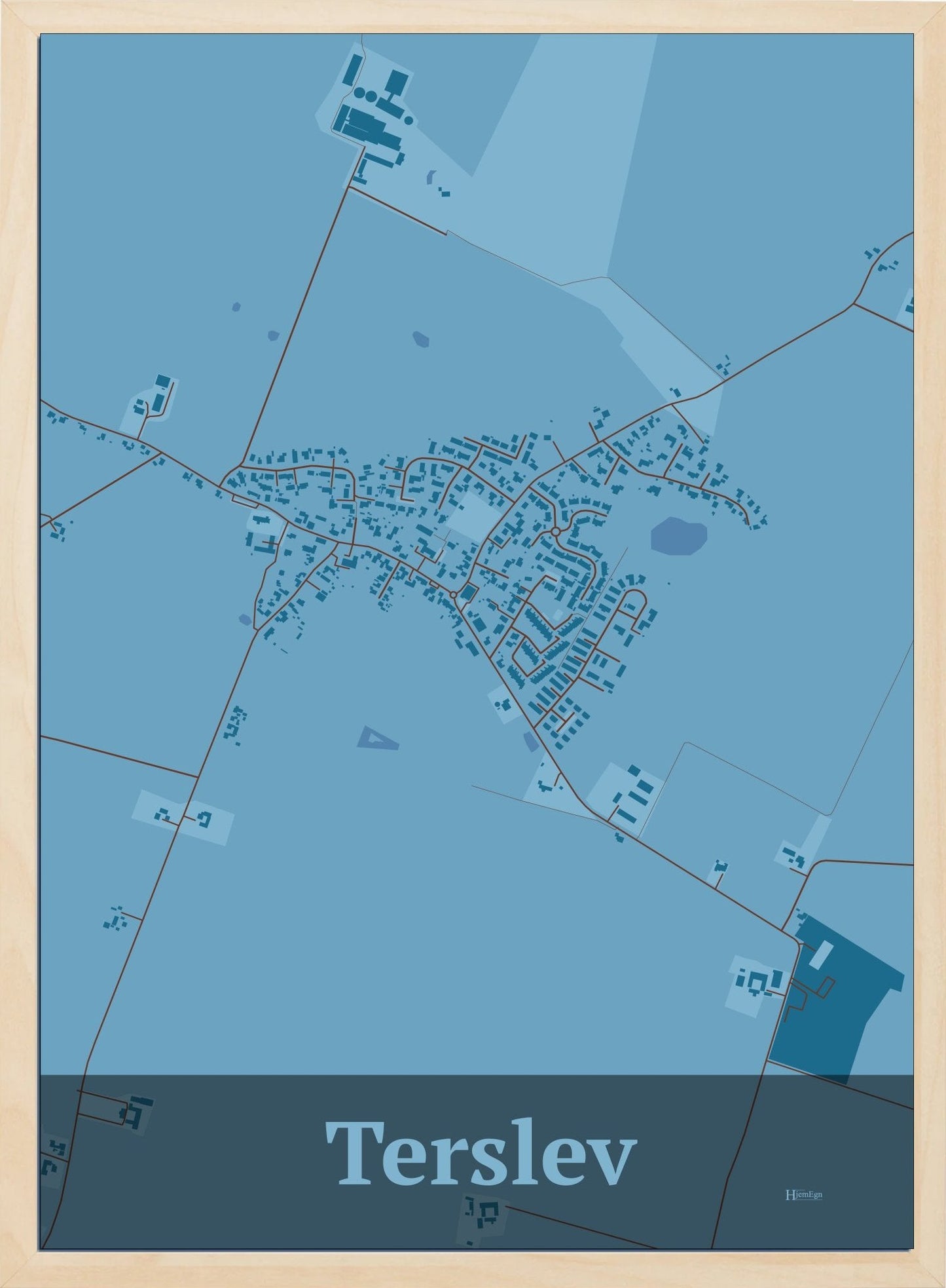 Terslev plakat i farve pastel blå og HjemEgn.dk design firkantet. Design bykort for Terslev