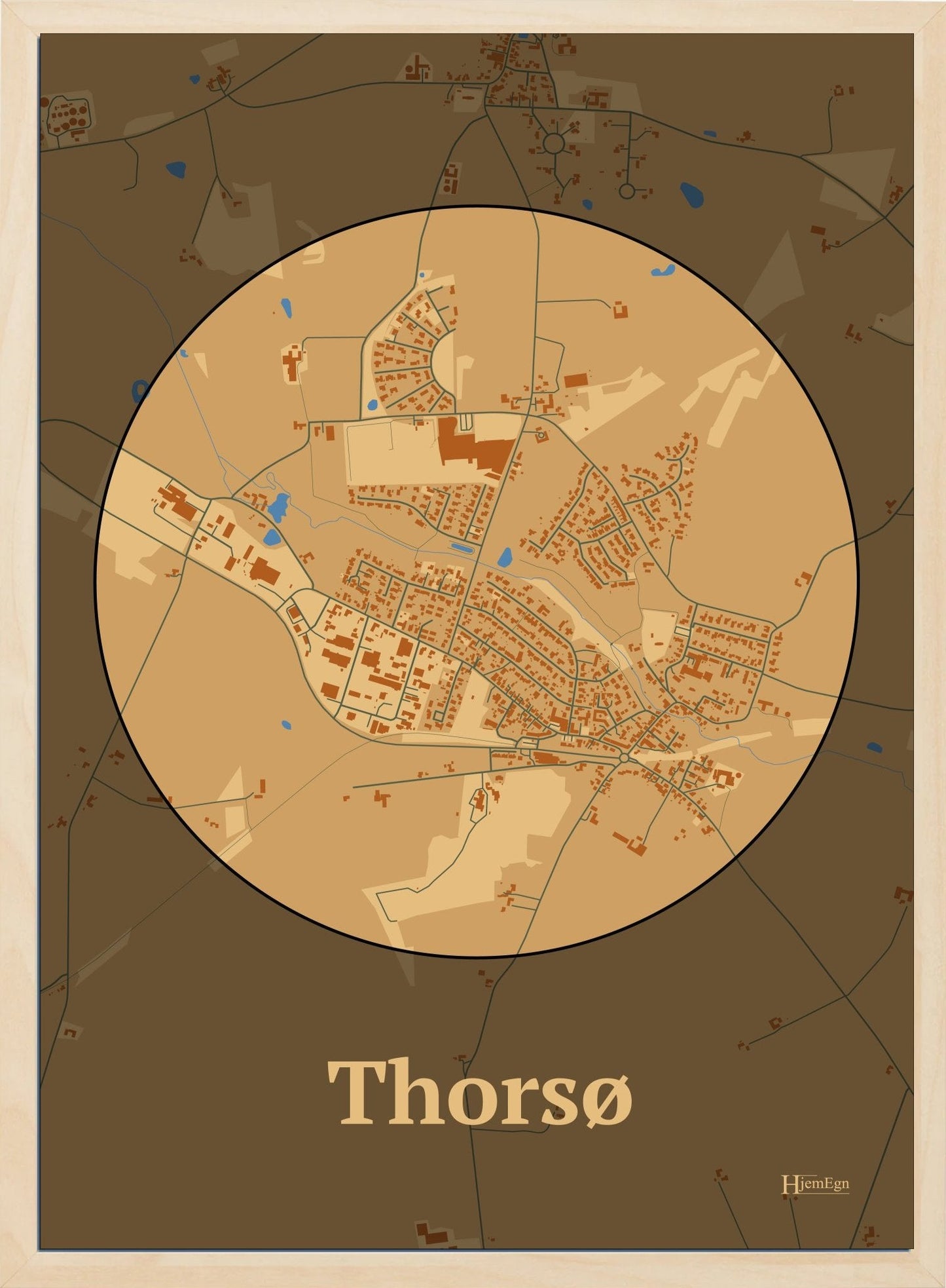 Thorsø plakat i farve pastel brun og HjemEgn.dk design centrum. Design bykort for Thorsø